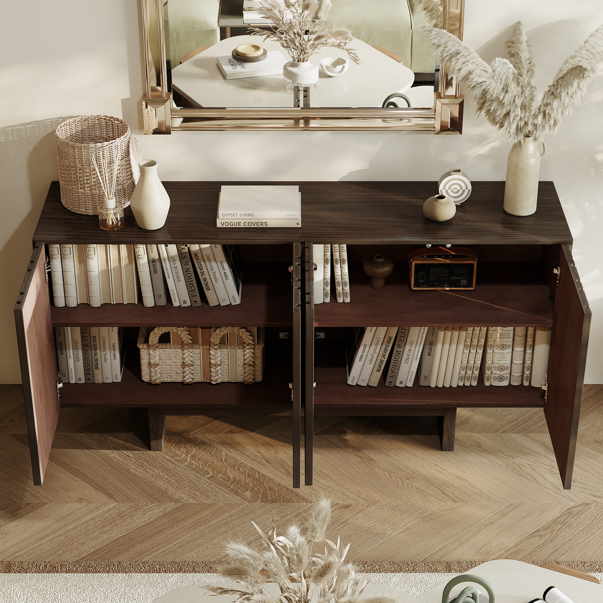 White/Brown MDF 4-Door 63 in. Wood Grain Buffet Sideboard For Living Room, Foyer and Kitchen-Dining Room