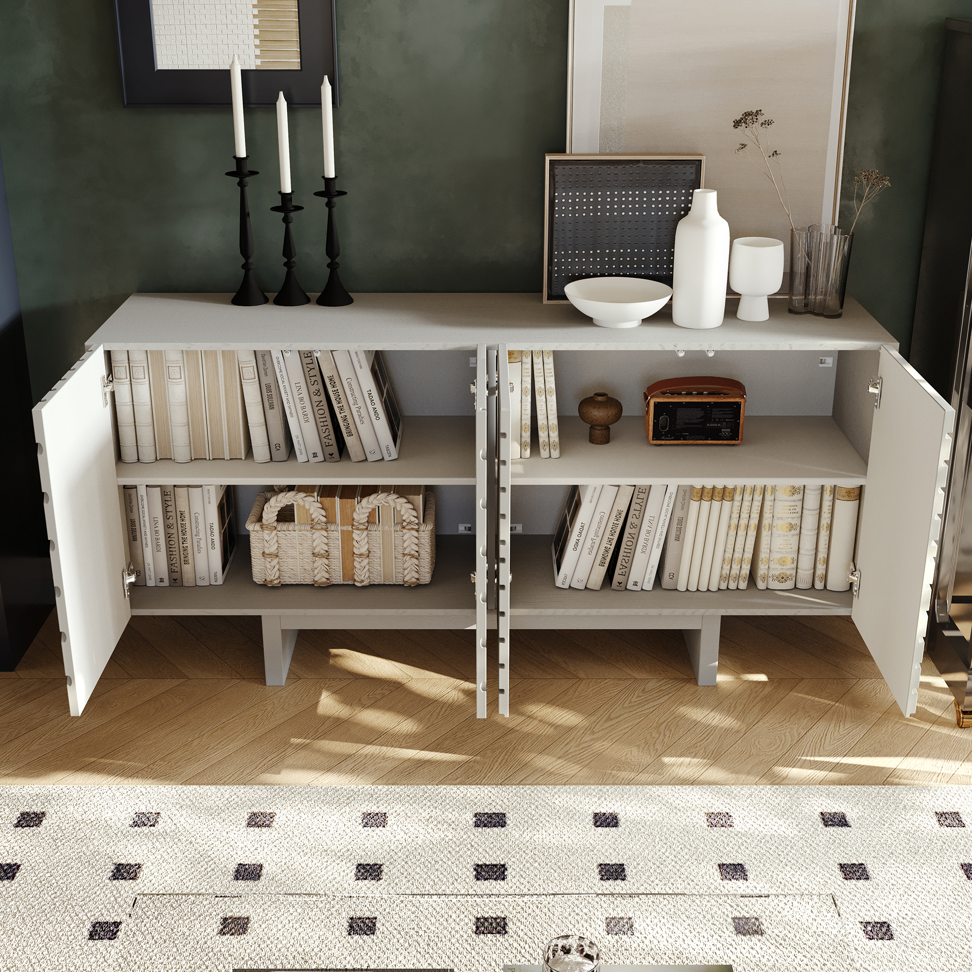 White/Brown MDF 4-Door 63 in. Wood Modern Grain Buffet Sideboard For Living Room, Foyer and Kitchen-Dining Room