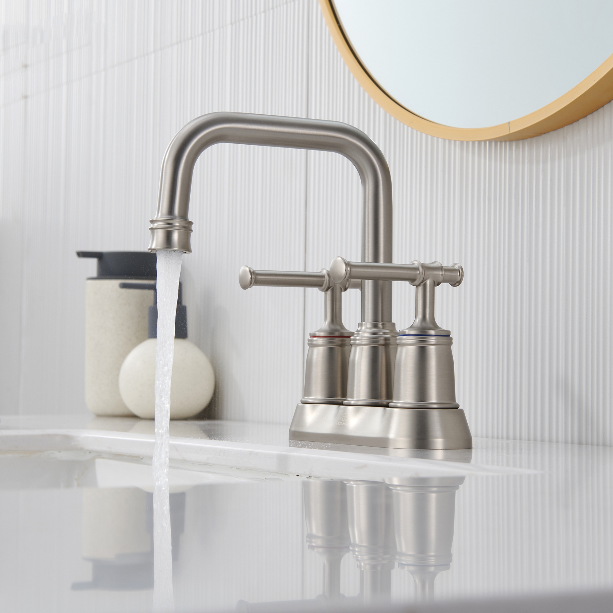 4 in. Centerset Double Handle 2 holes Bathroom Sink Faucet Lavatory Faucet with Stainless steel Drain in Brushed Nickel/Oil Rubbed Bronze/Brushed Gold/Matte Black