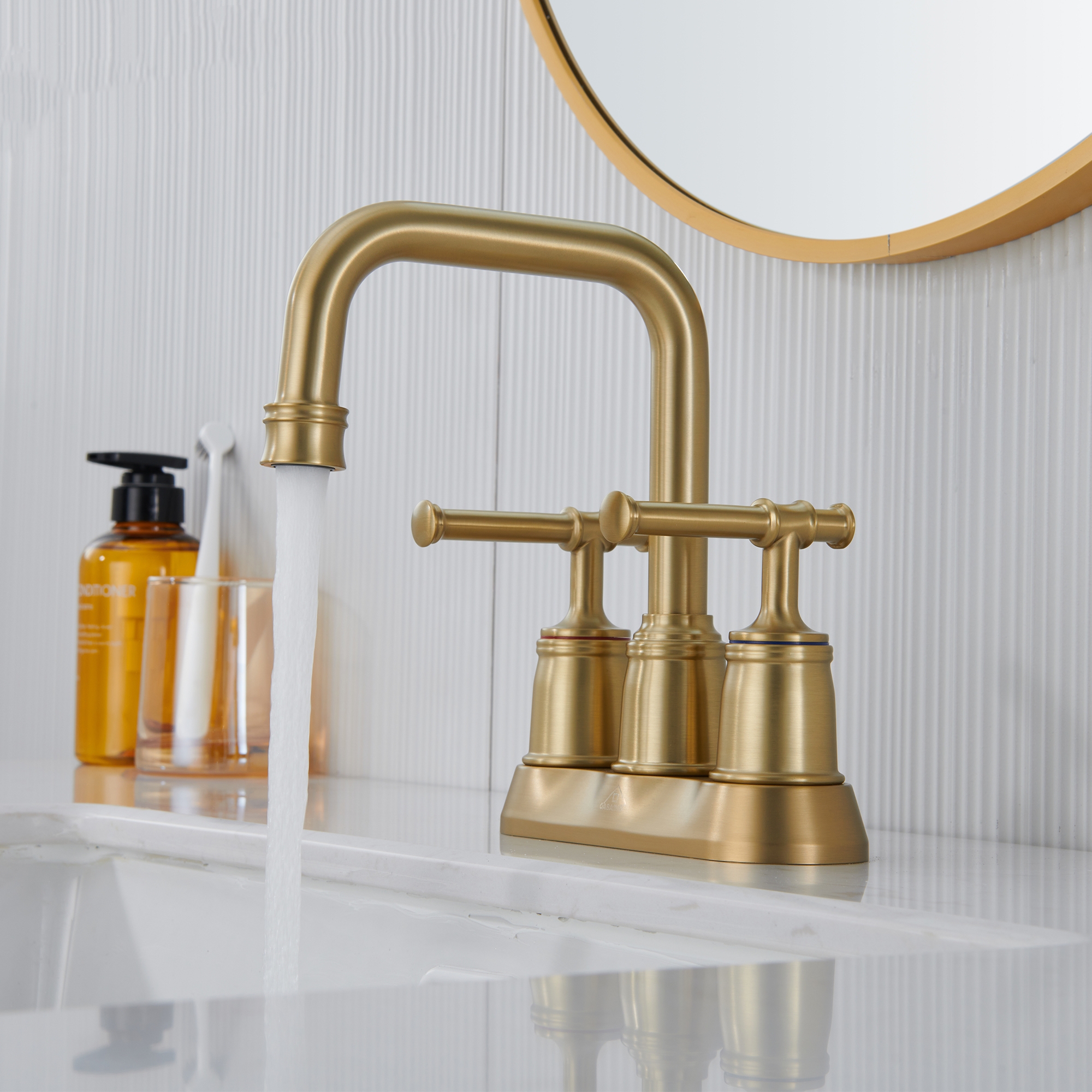 4 in. Centerset Double Handle 2 holes Bathroom Sink Faucet Lavatory Faucet with Stainless steel Drain in Brushed Nickel/Oil Rubbed Bronze/Brushed Gold/Matte Black