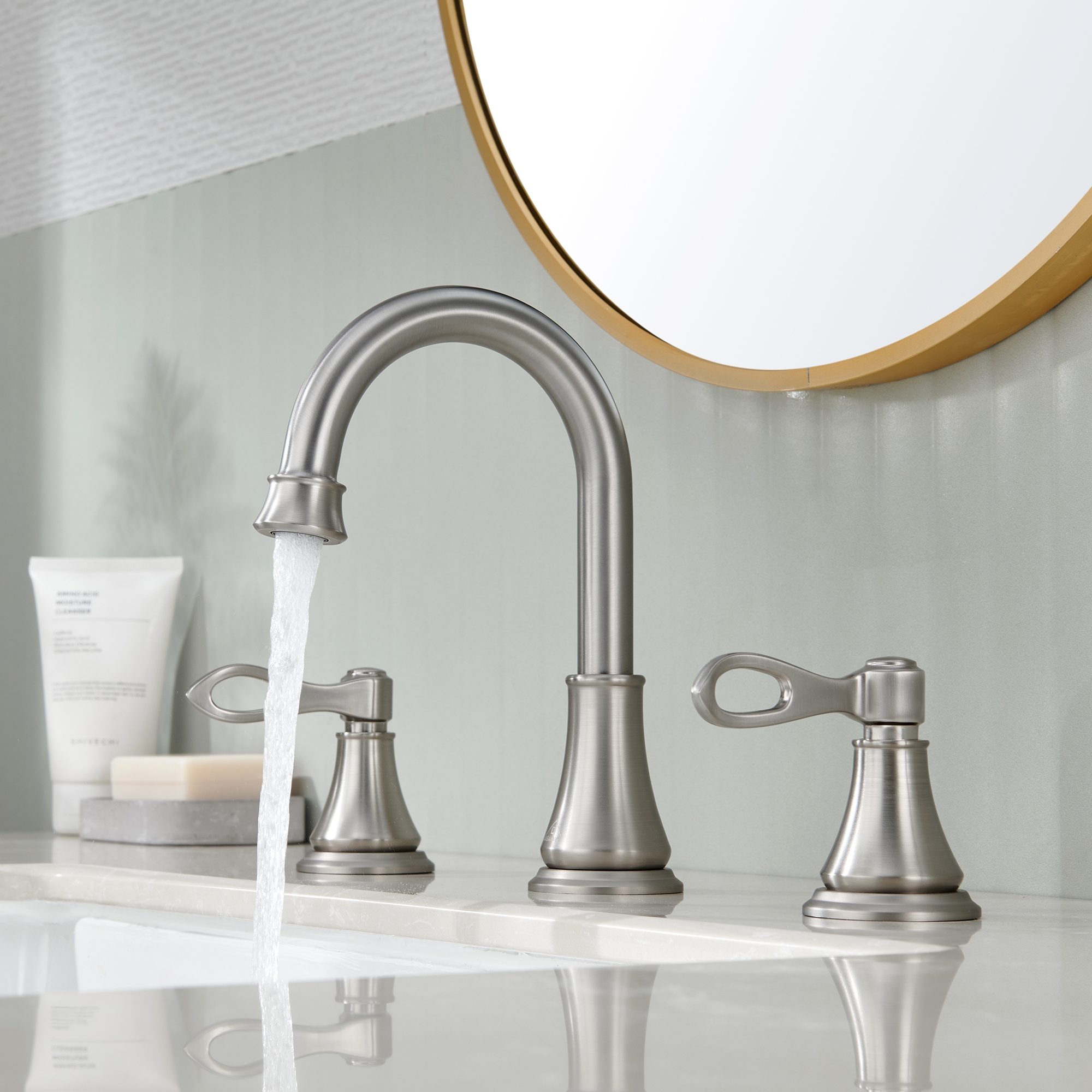 8 in. Widespread Double Handle Bathroom Faucet 3 Holes with 360° Swivel Spout, Stainless Steel Drain in Brushed Nickel/Oil Rubbed Bronze/Brushed Gold/Matte Black