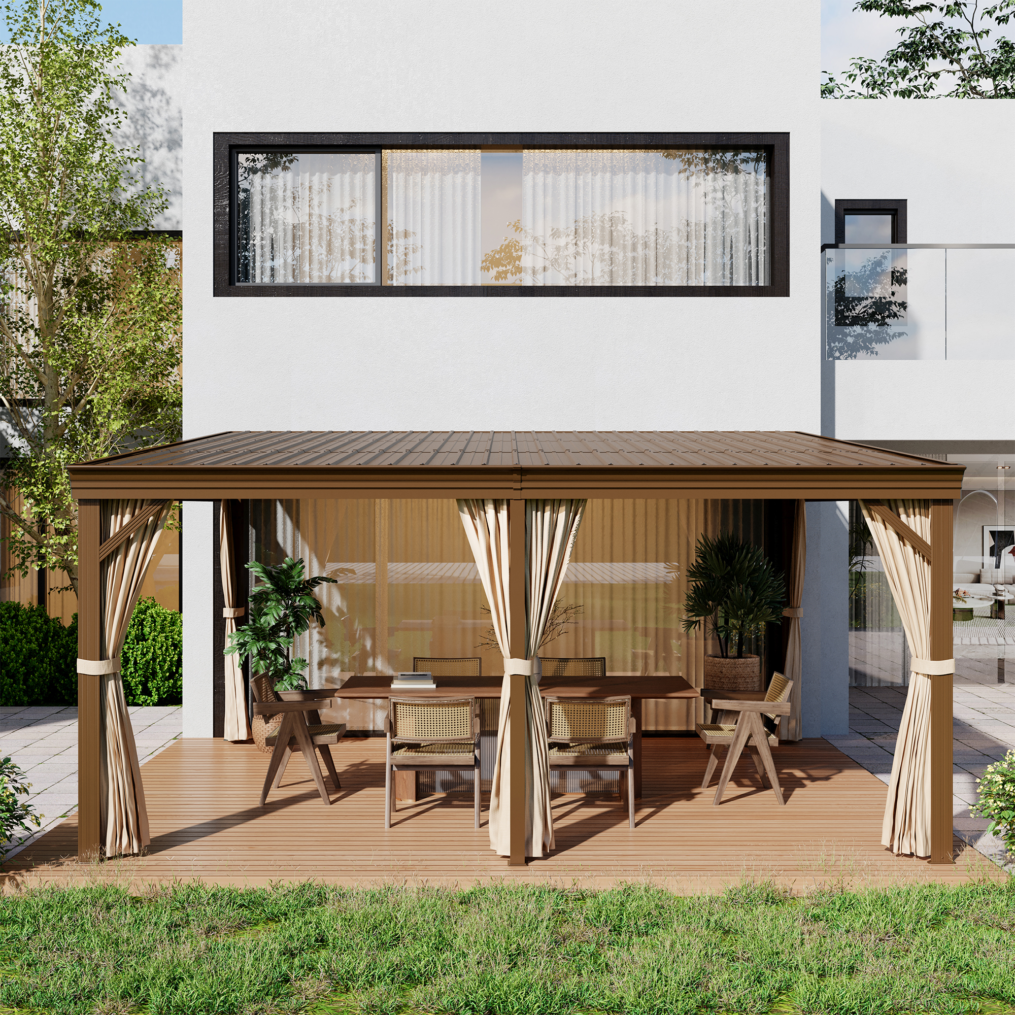 12x16FT Lean to Gazebo, Hardtop Wall Mounted Gazebo with Sloping Galvanized Steel Roof, Aluminum Frame, Drainage System, Curtains and Netting, for Patio, Deck, Garden, Backyard