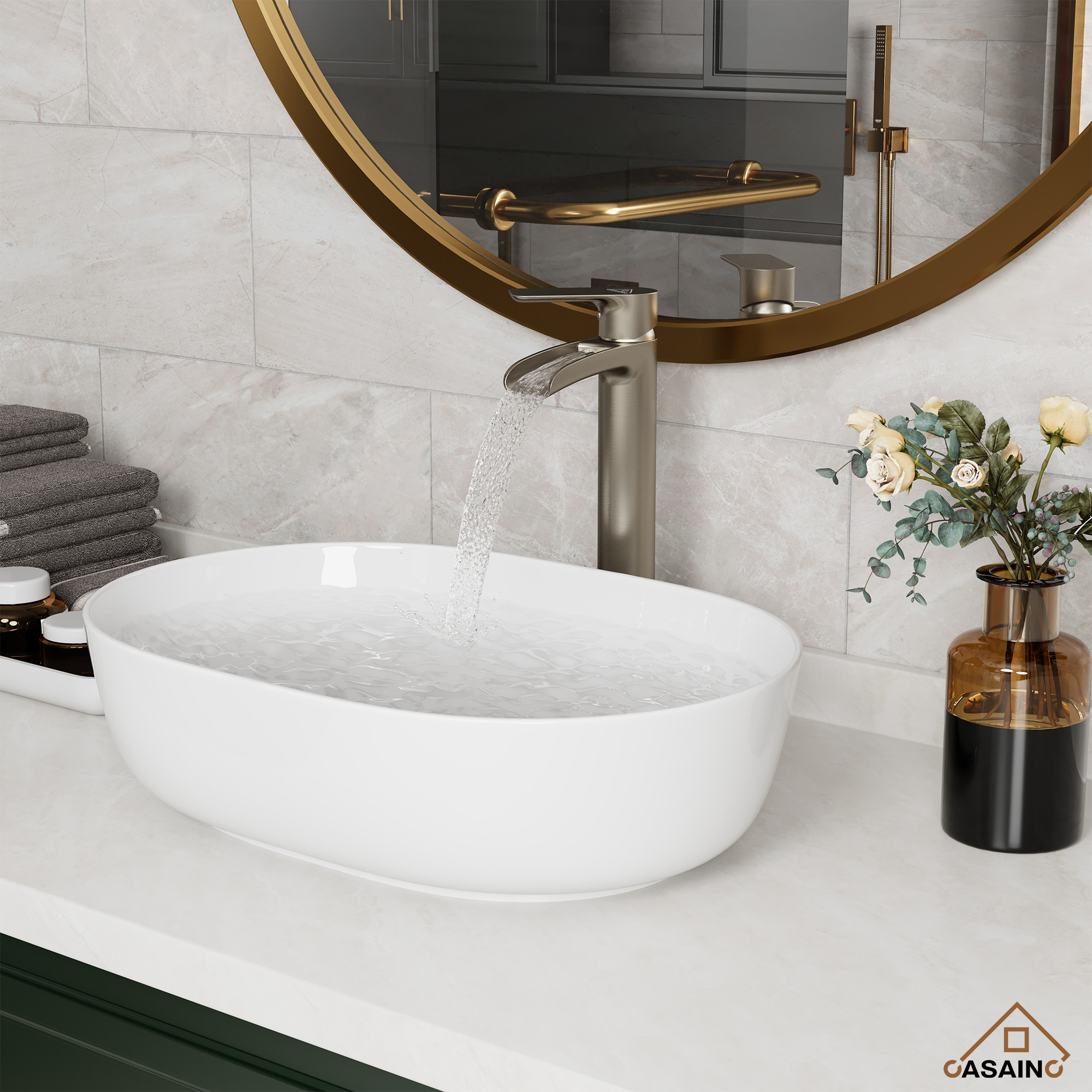 Waterfall Spout High Vessel Bathroom Sink Faucet, Basin Faucet Single Handle Single Hole Brushed Nickel/Matte Black