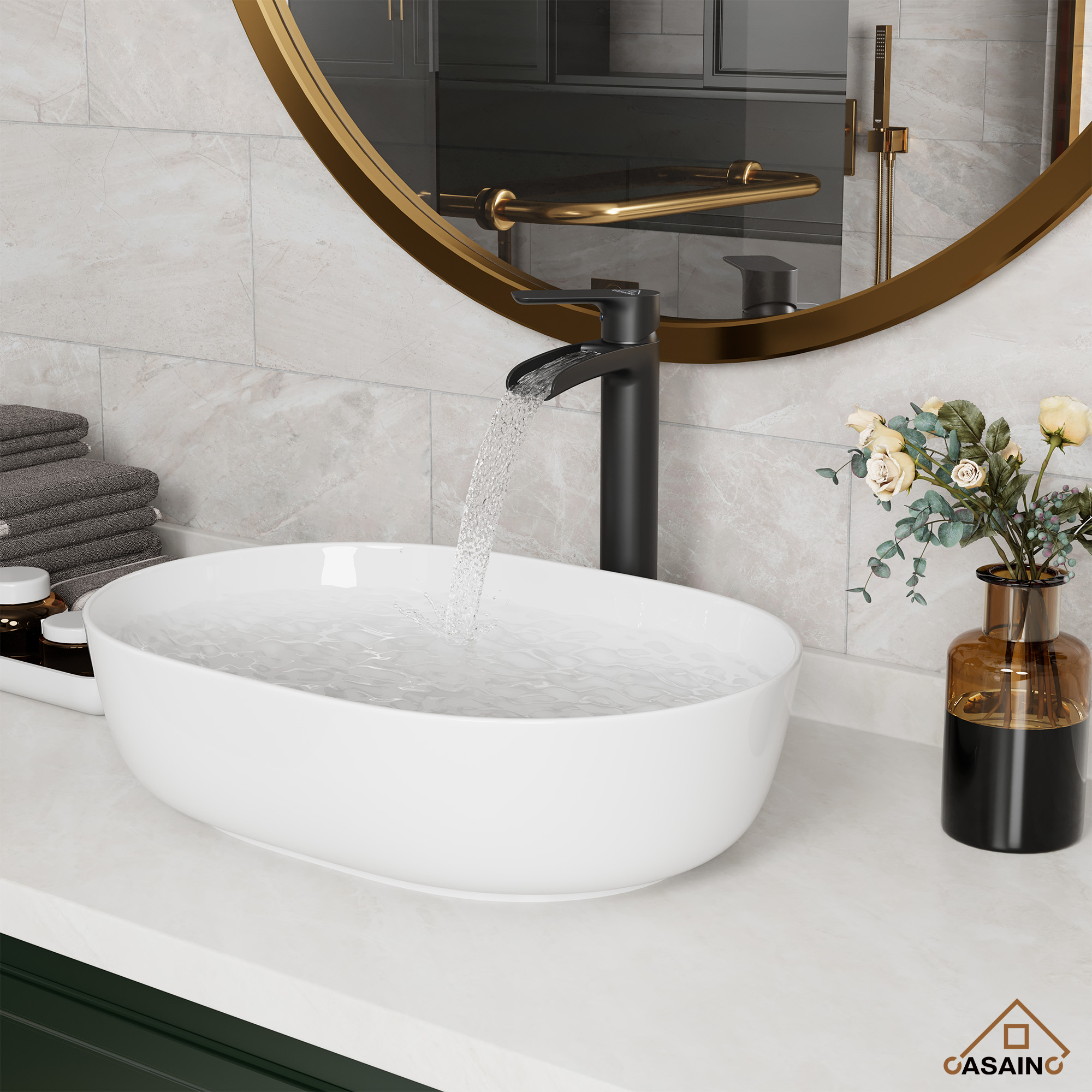 Waterfall Spout High Vessel Bathroom Sink Faucet, Basin Faucet Single Handle Single Hole Brushed Nickel/Matte Black