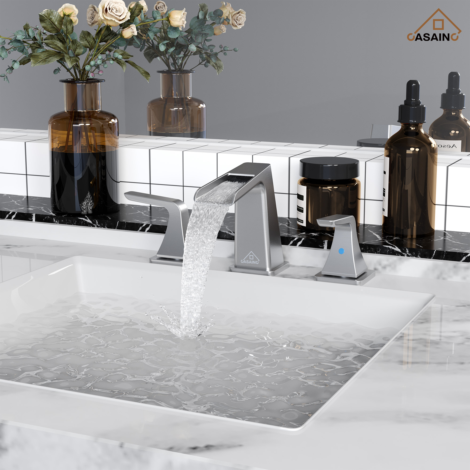 8 in. Widespread 2-Handle Waterfall Spout Bathroom Faucet with Pop-Up Drain Kit in Brushed Nickel/Brushed Gold/Matte Black