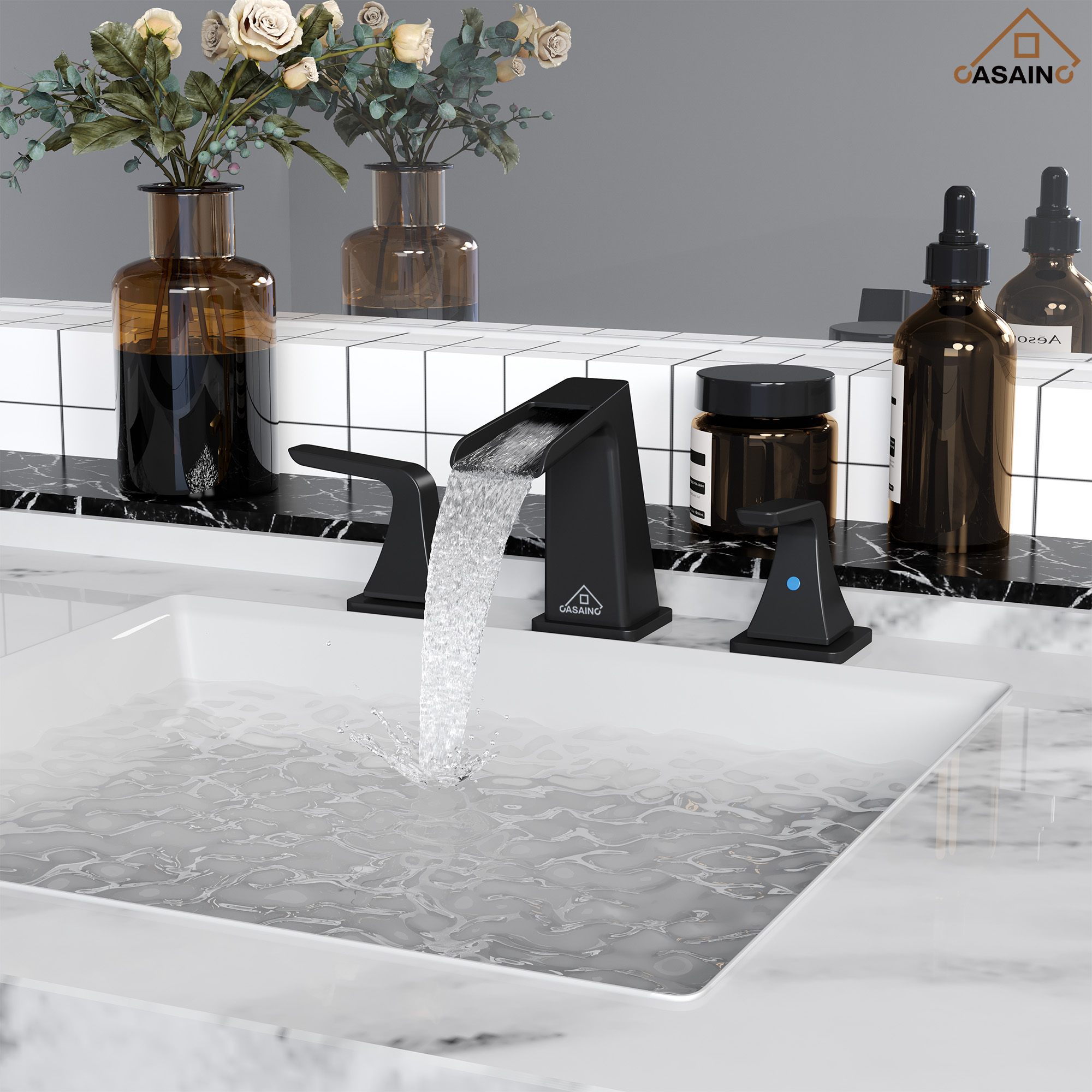 8 in. Widespread 2-Handle Waterfall Spout Bathroom Faucet with Pop-Up Drain Kit in Brushed Nickel/Brushed Gold/Matte Black