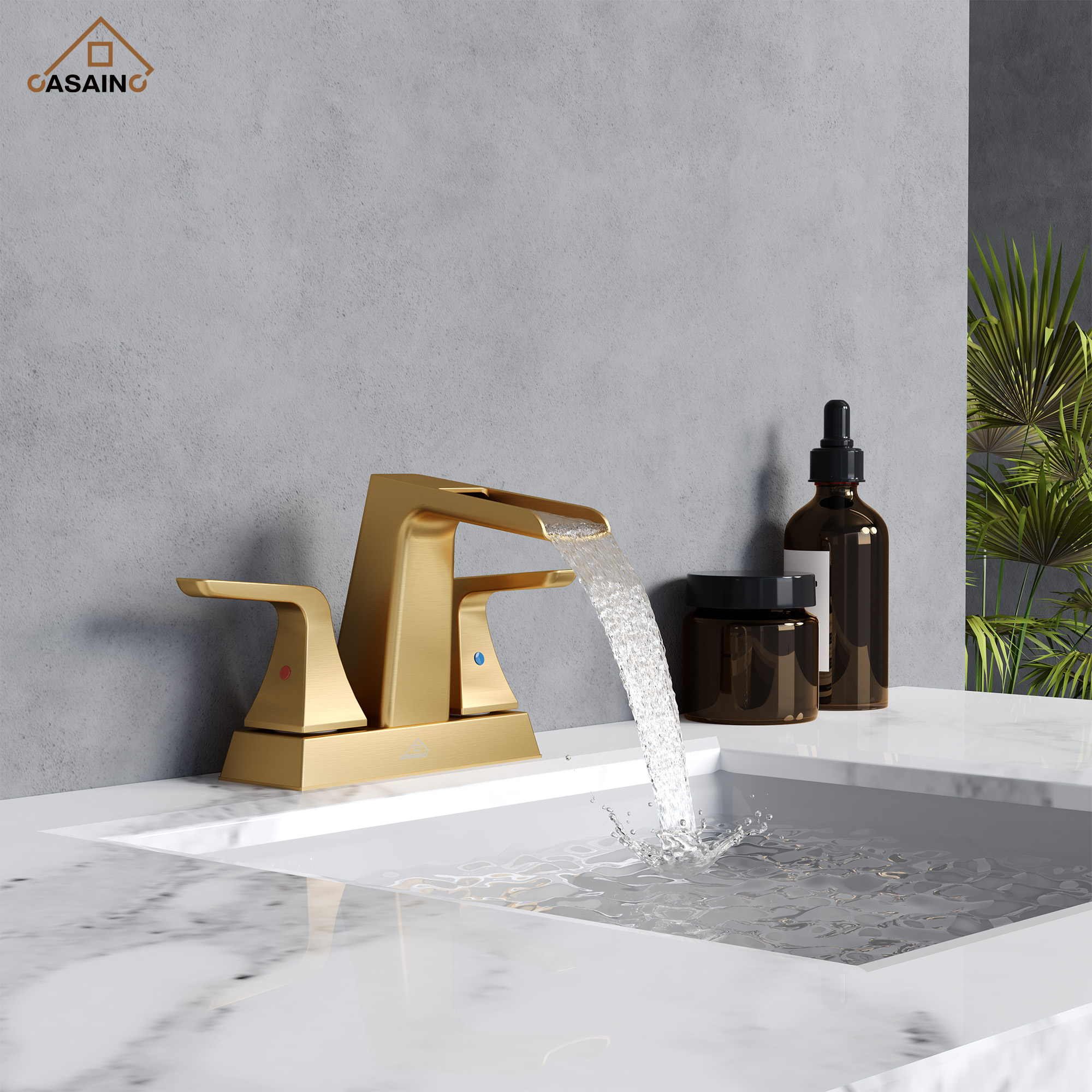 4 in. Centerset 2-Handle Waterfall Spout Mid Arc Lavatory Bathroom Faucet with Pop-Up Drain Kit in Brushed Gold/Matte Black