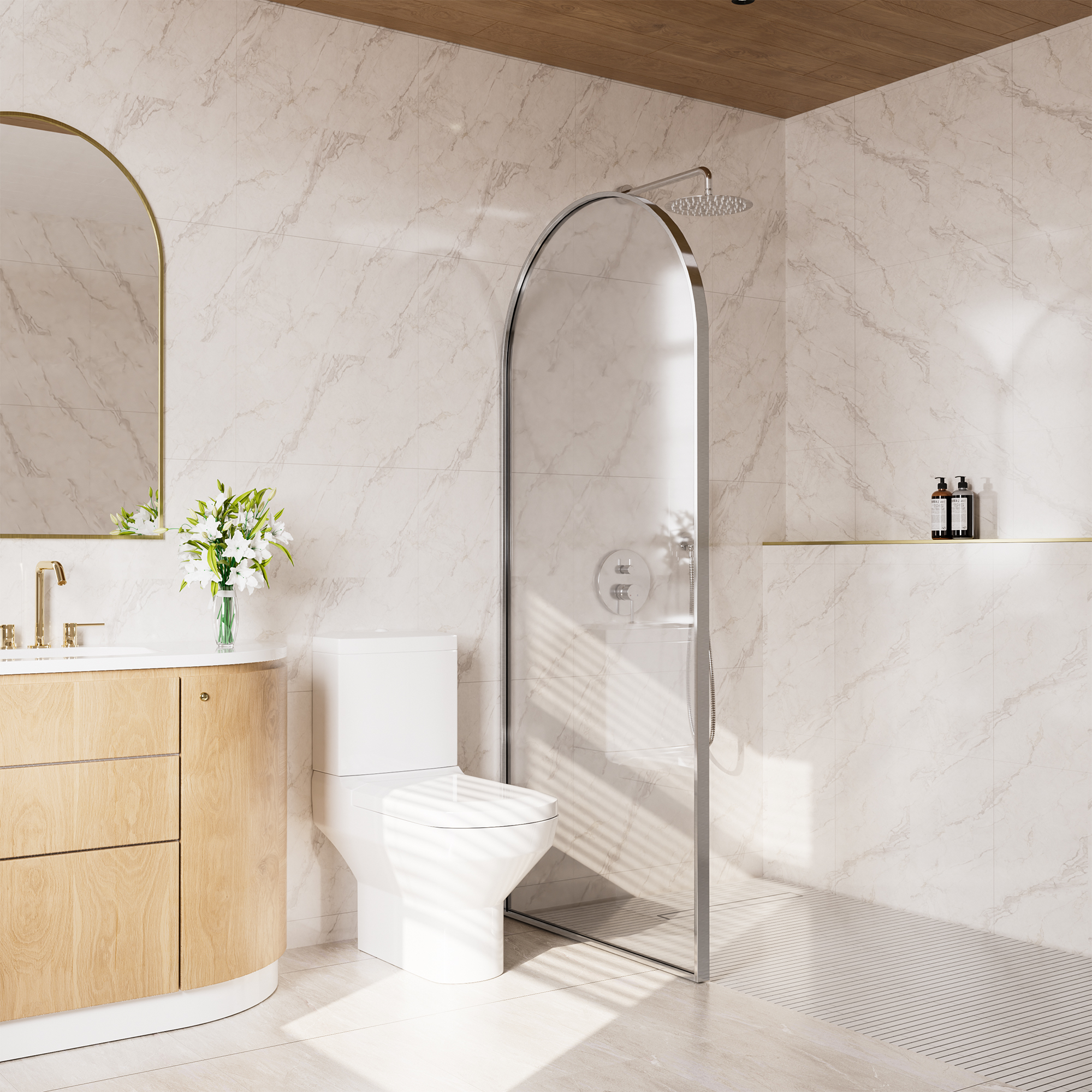 34"x78" Tempered Glass Shower Screen with Integrated Curved Frame