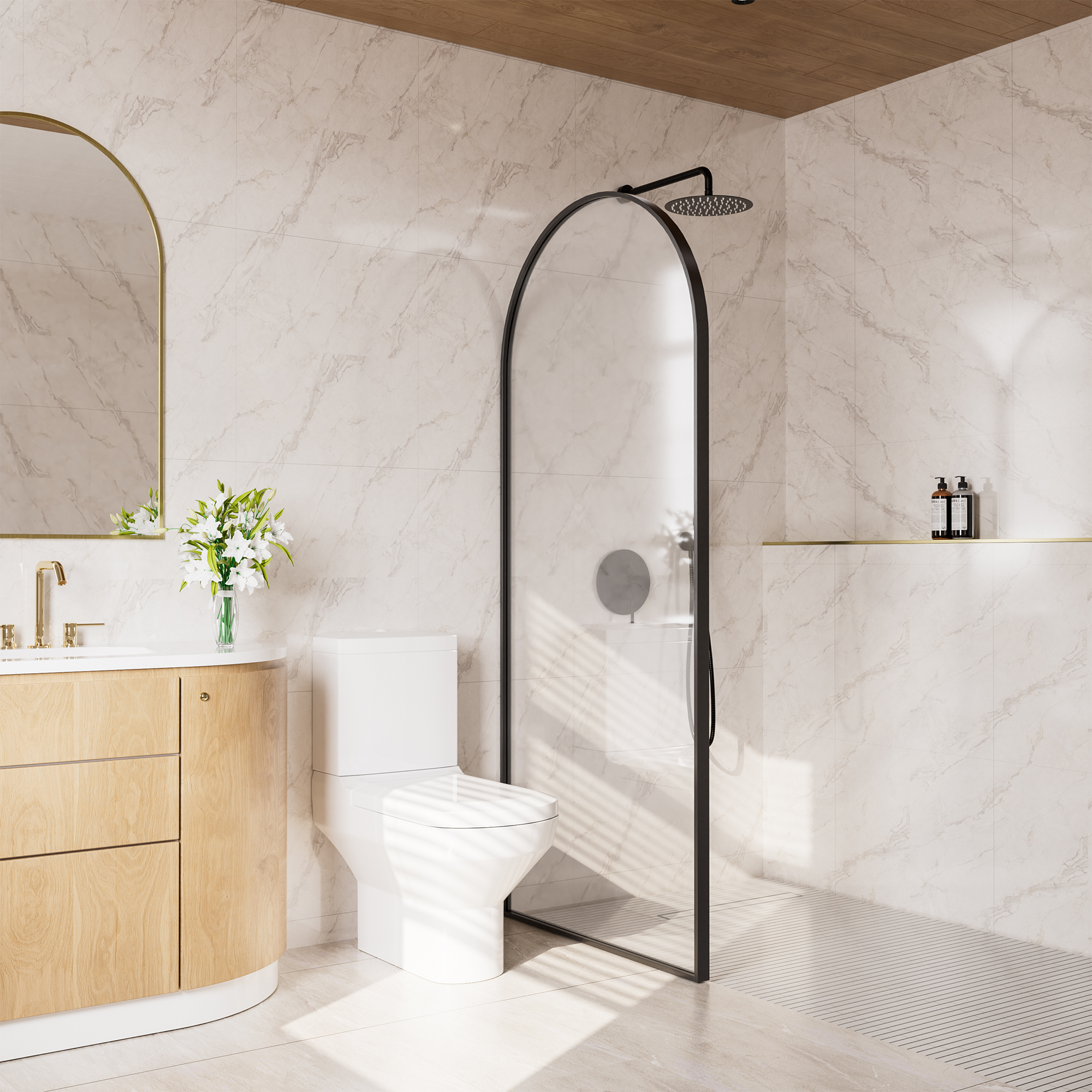 34"x78" Tempered Glass Shower Screen with Integrated Curved Frame