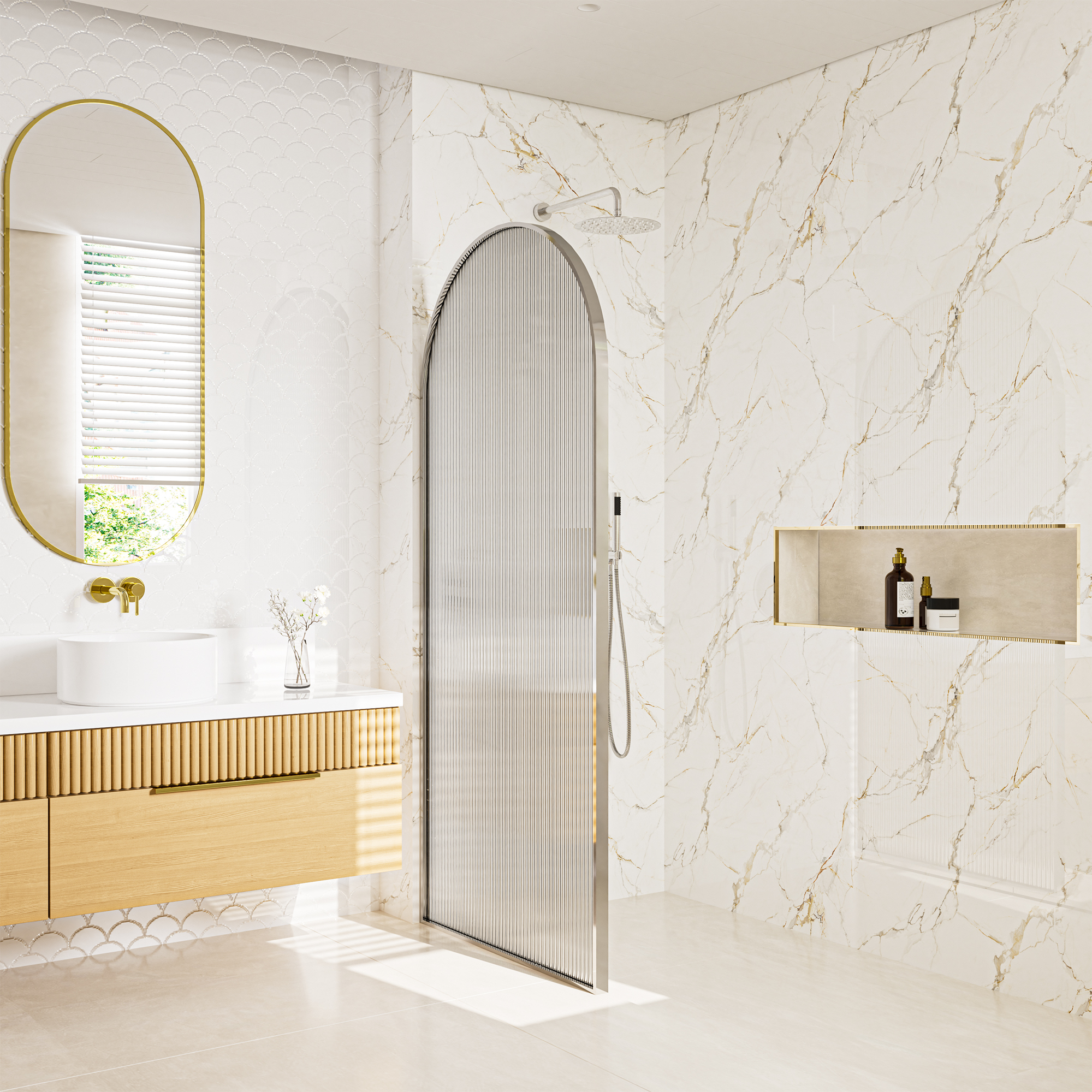 34"x78" Curved Frosted Glass Shower Screen with 10mm SGCC-Certified Tempered Glass