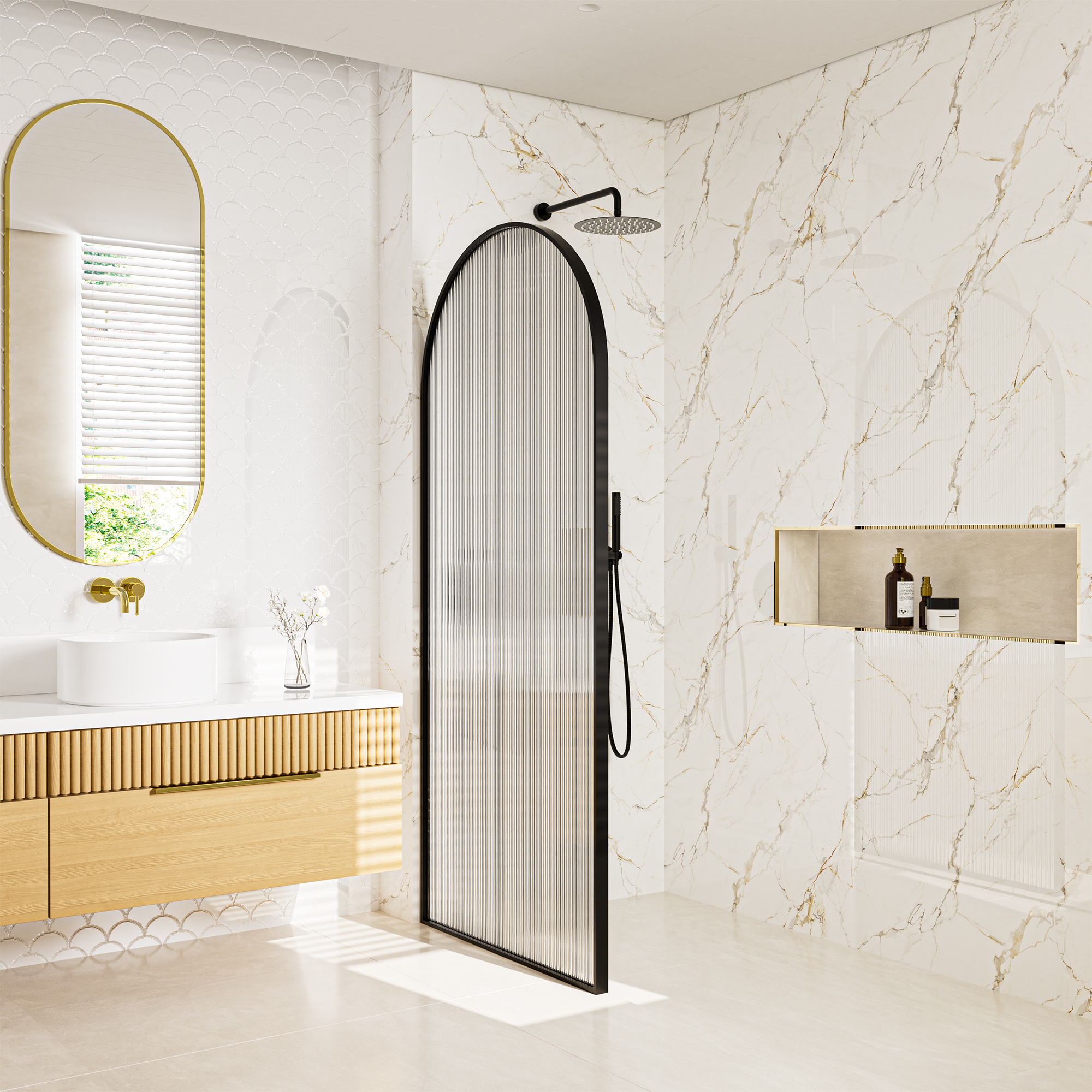 34"x78" Curved Frosted Glass Shower Screen with 10mm SGCC-Certified Tempered Glass