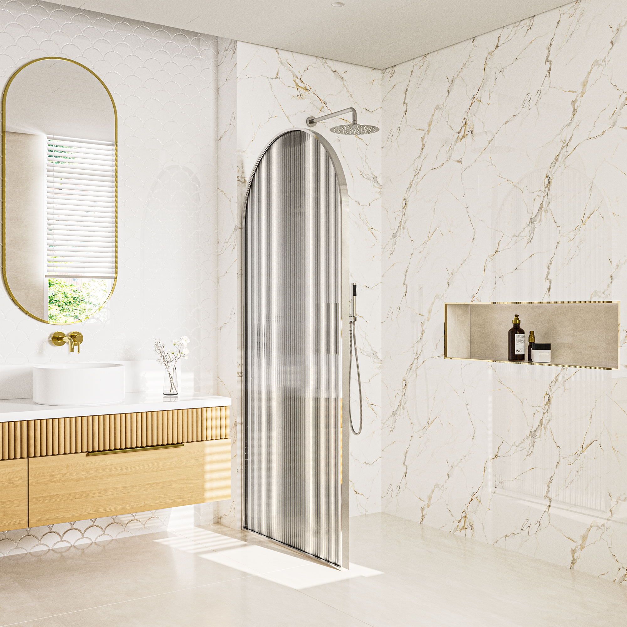 34"x78" Curved Frosted Glass Shower Screen with 10mm SGCC-Certified Tempered Glass