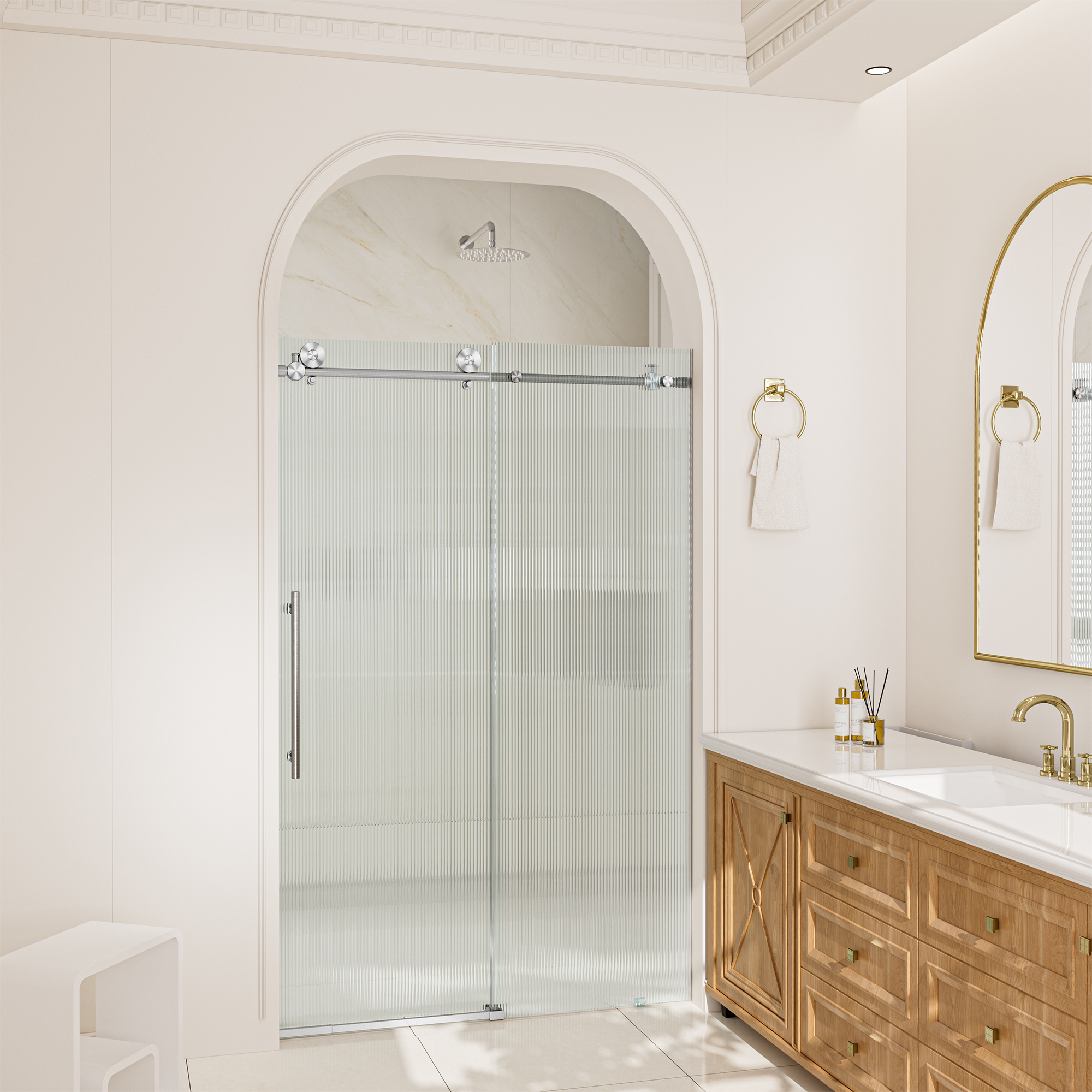 Double sliding frameless shower door with 10mm grooved tempered glass