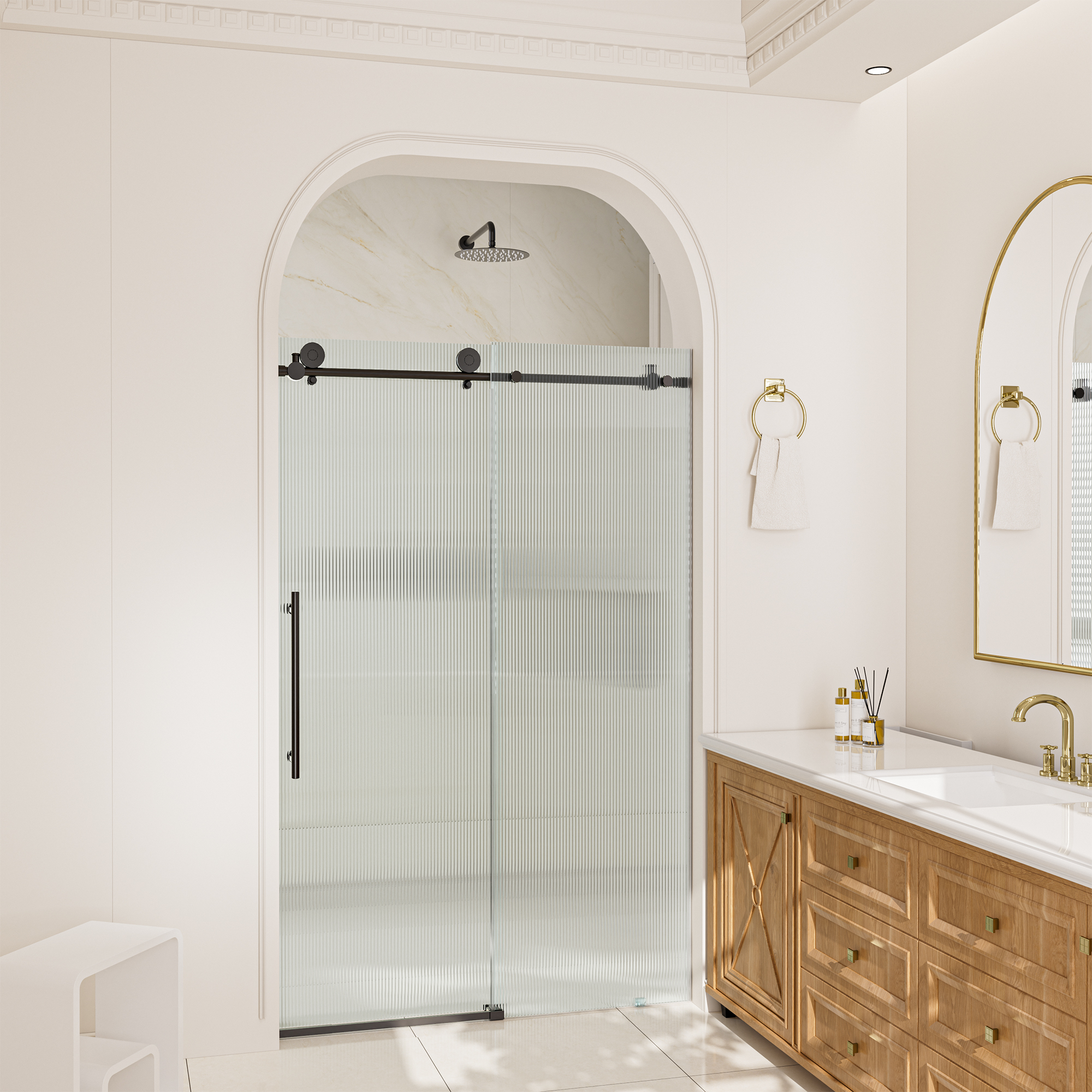 Double sliding frameless shower door with 10mm grooved tempered glass