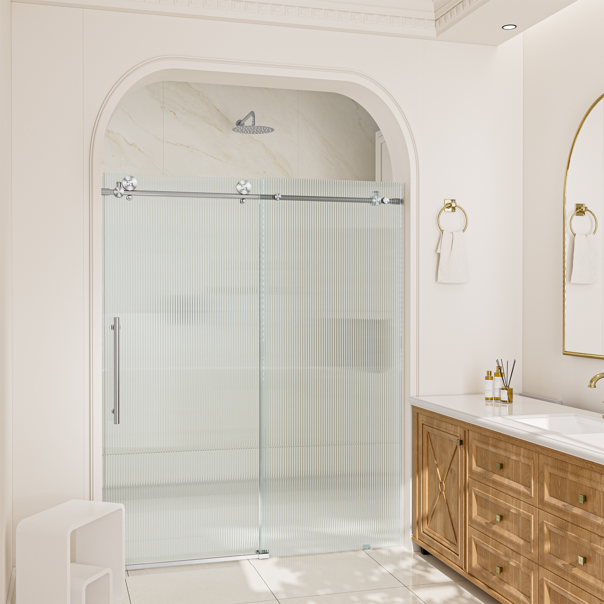 Double sliding frameless shower door with 10mm grooved tempered glass