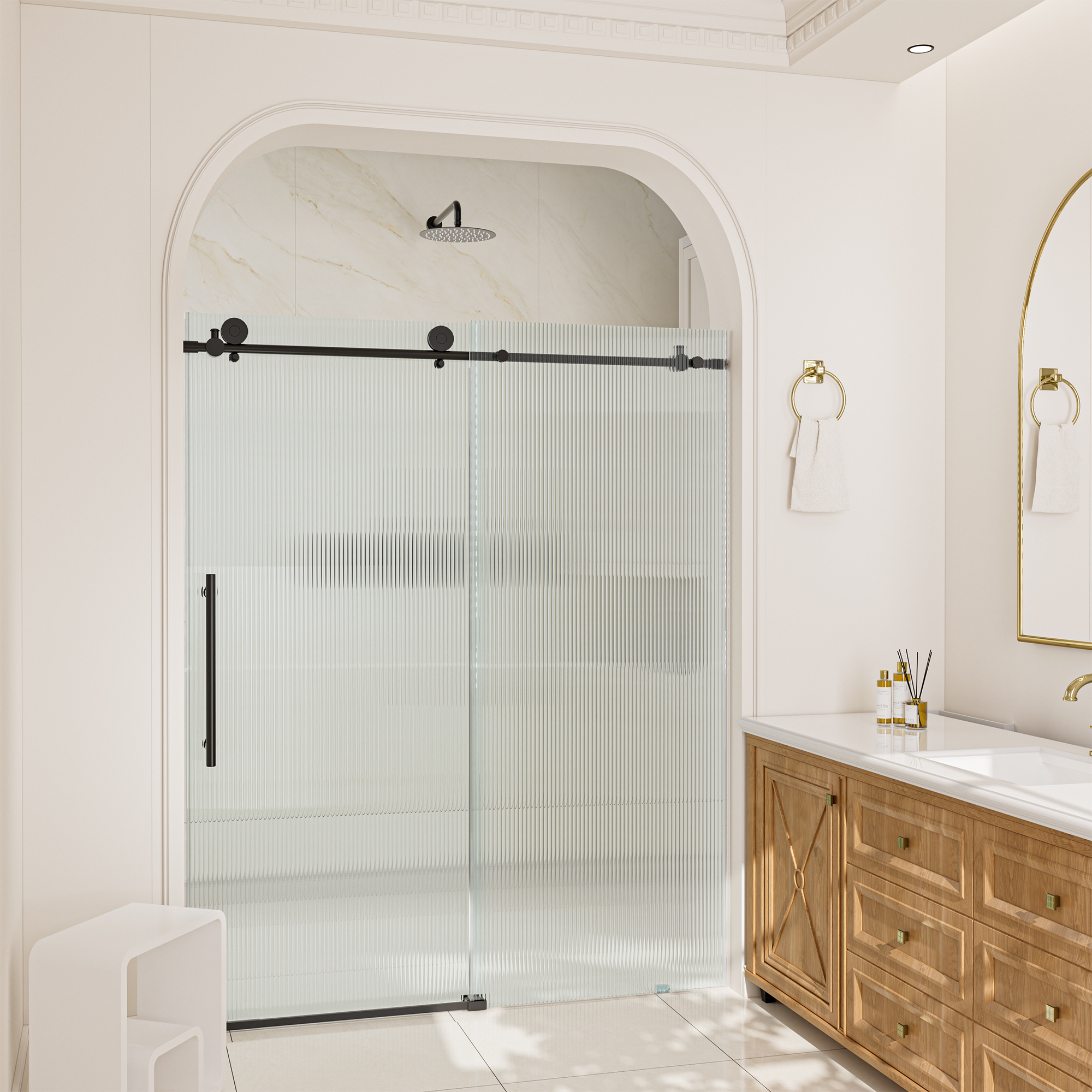 Double sliding frameless shower door with 10mm grooved tempered glass