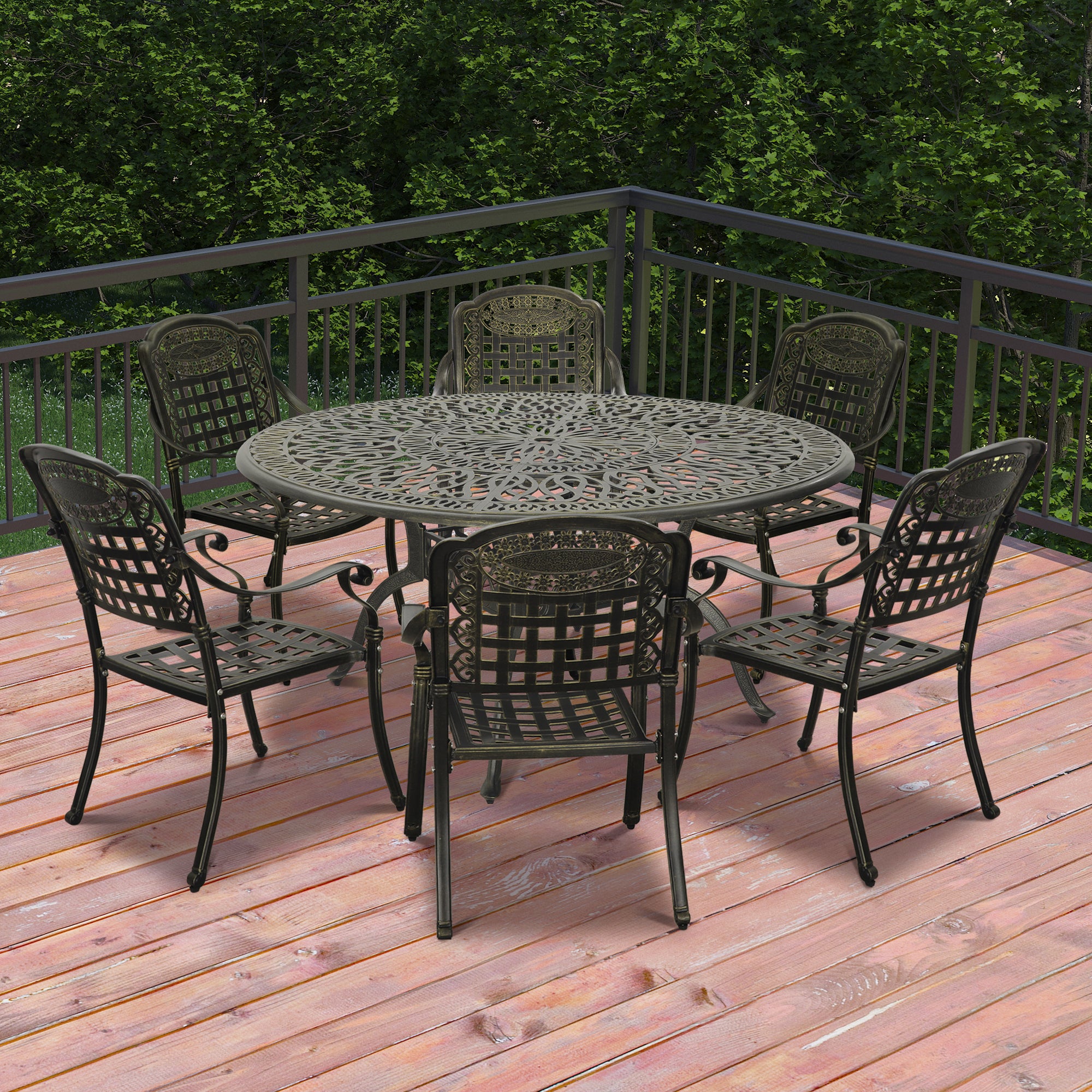 Cast Aluminium Patio-Set 7-Piece Bronze Patio Dining Set Aluminum Round Table with 6 Stationary Chairs, Suitable for backyards, patios, balconies and gardens