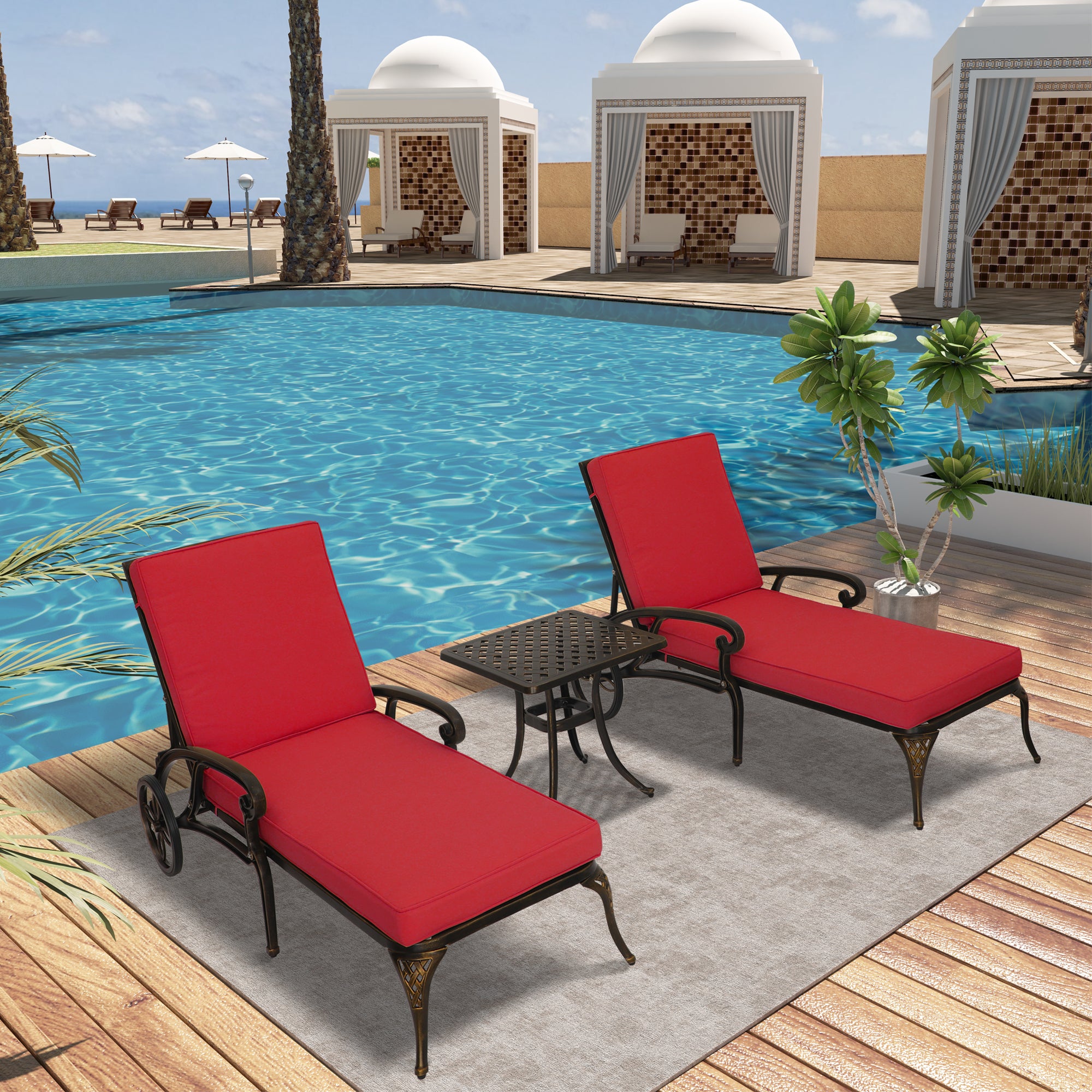 3-Piece Cast Aluminum Outdoor Chaise Lounge with Side Table and Beige/Red Cushion