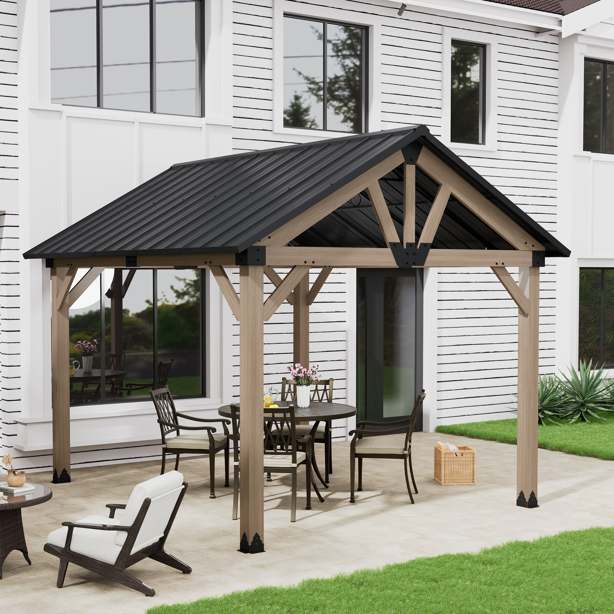 10 ft. x 12 ft. Outdoor Cedar Wood Frame Patio Gazebo Canopy Galvanized Steel Gable Hardtop Roof for Patio Lawn Backyard - Greenwich Serie