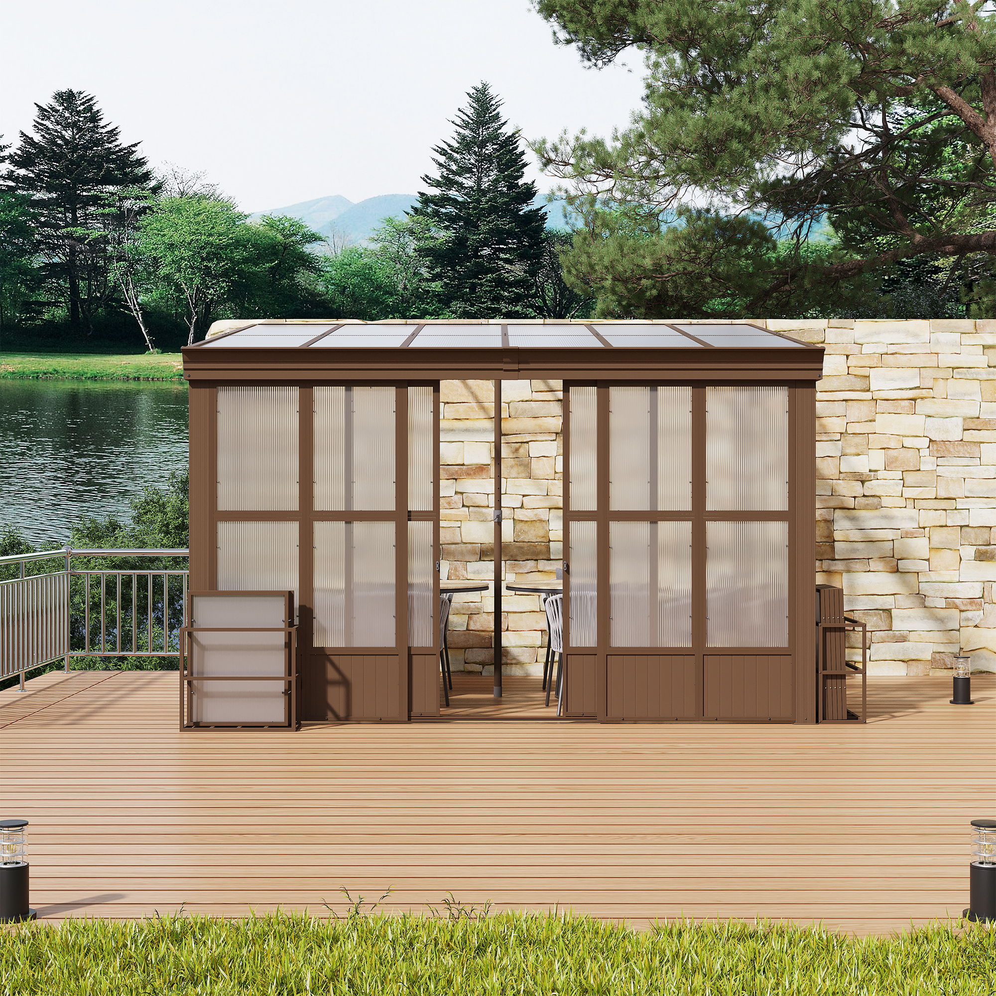 Lean-to Sunroom 10x12FT, Wall Mounted Solarium with Sloping Polycarbonate Roof, Detachable Polycarbonate Screens, 2 Lockable Sliding Doors, Aluminum Gazebo Against Wall Sun Room for Patio Deck