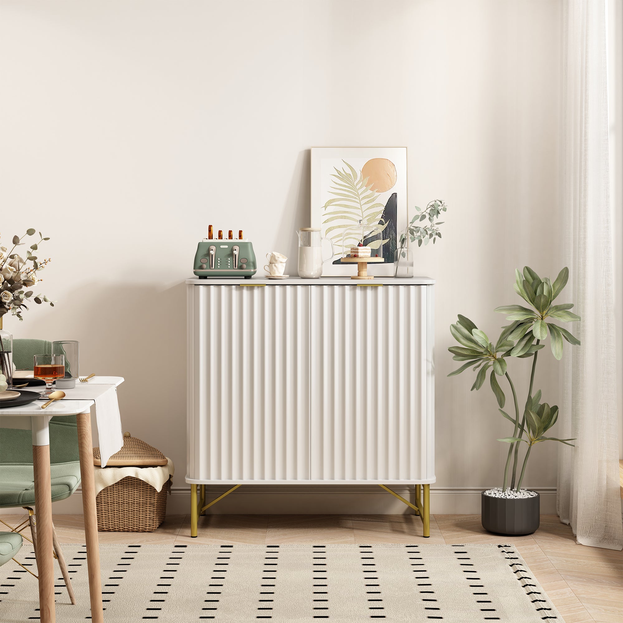 Sideboard Buffet Storage Cabinet with 2 Doors，32 Inch Monden Free-Standing Accent Cabinet with Gold Legs for Hallway, Living Room