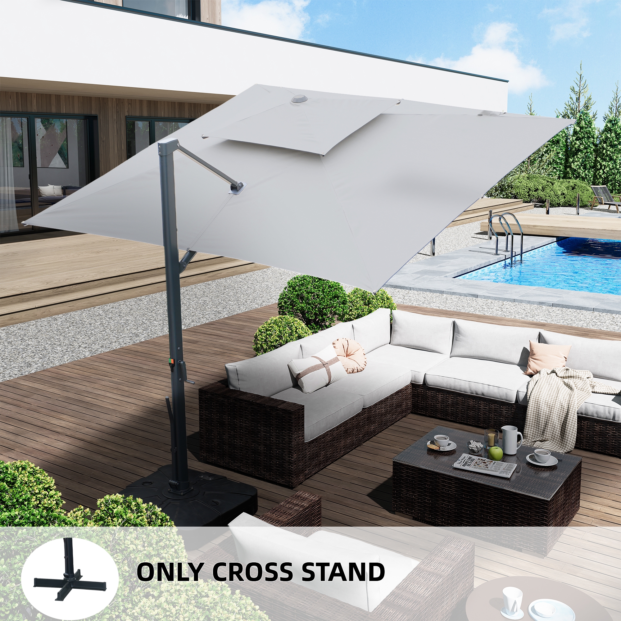 10-Ft Aluminum Patio Cantilever Umbrella with Base and Removable Lights