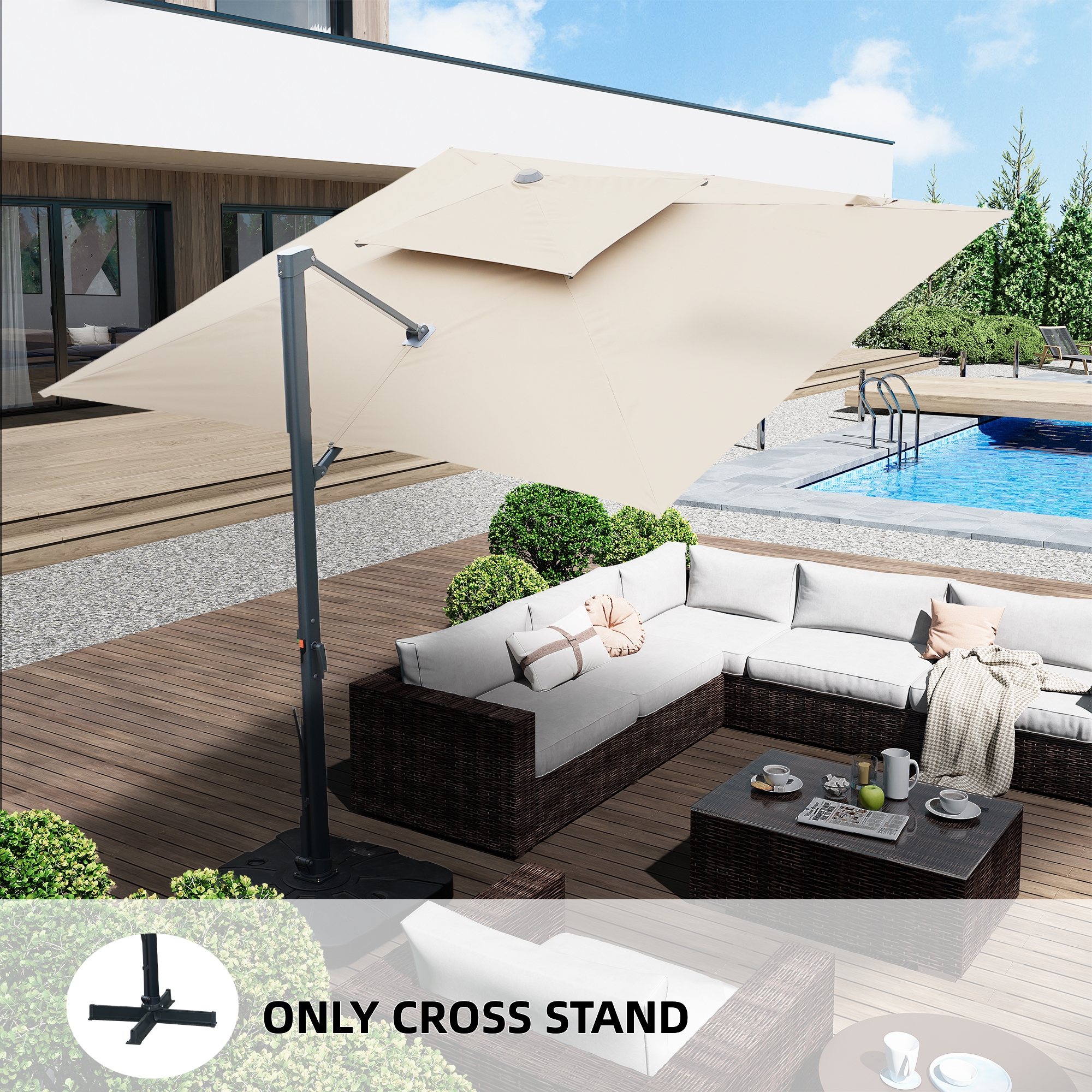 10-Ft Aluminum Patio Cantilever Umbrella with Base and Removable Lights