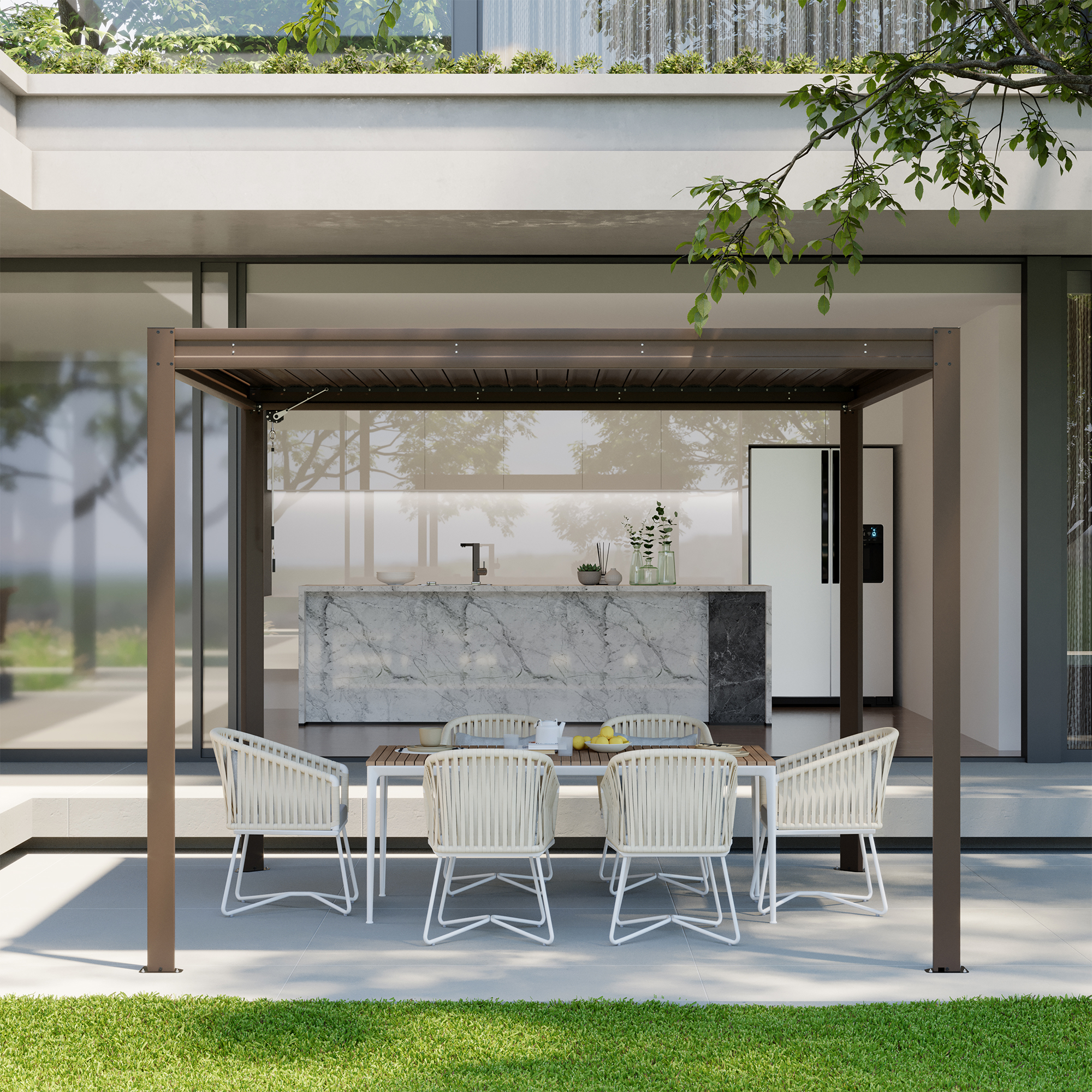 Louvered Pergola 10X10FT, Wood Grain Aluminum Pergola with Adjustable Roof, Wood Looking Aluminum Frame, Efficient Drainage System, Outdoor Pergola for Patio, Deck, Garden