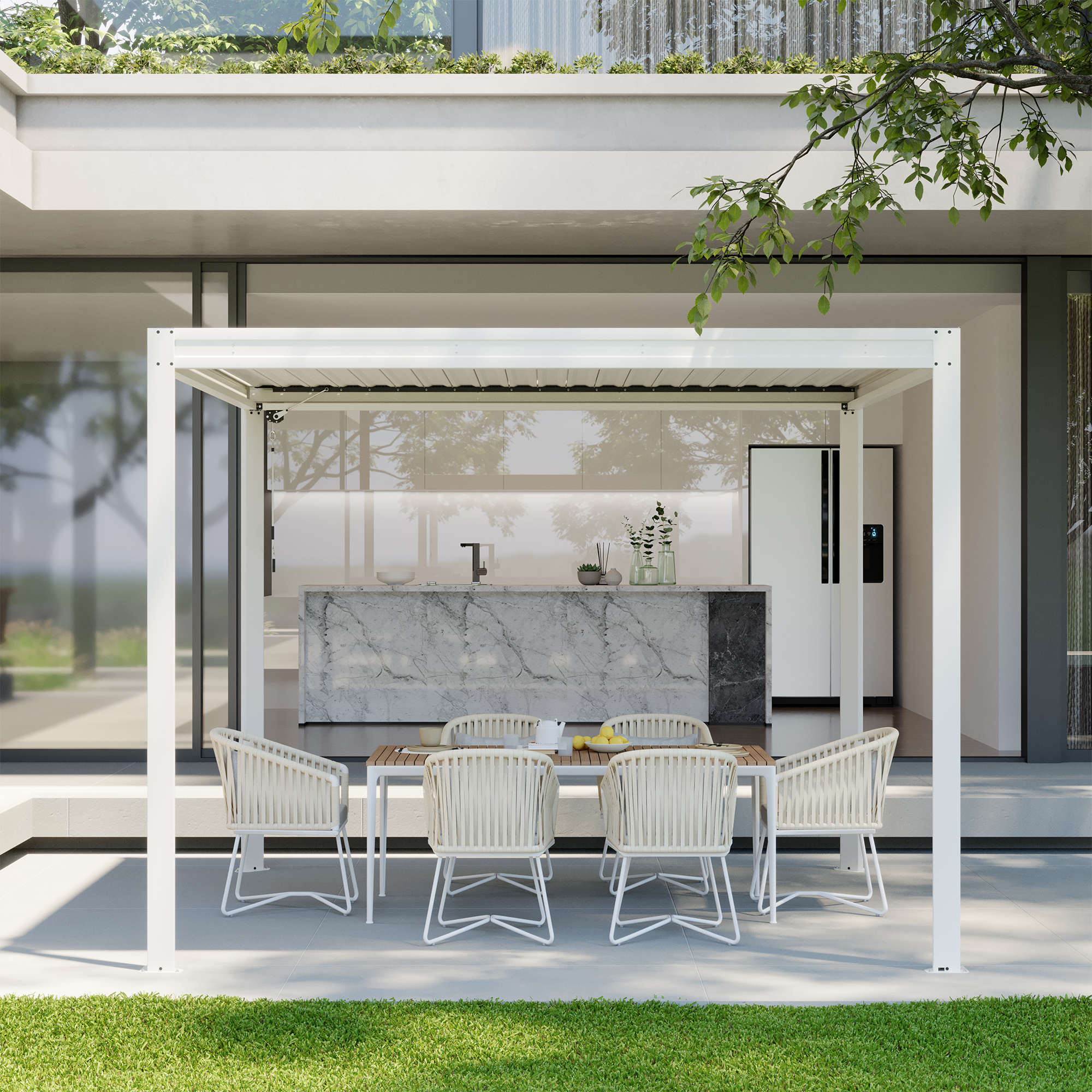 Louvered Pergola 10X10FT, Wood Grain Aluminum Pergola with Adjustable Roof, Wood Looking Aluminum Frame, Efficient Drainage System, Outdoor Pergola for Patio, Deck, Garden