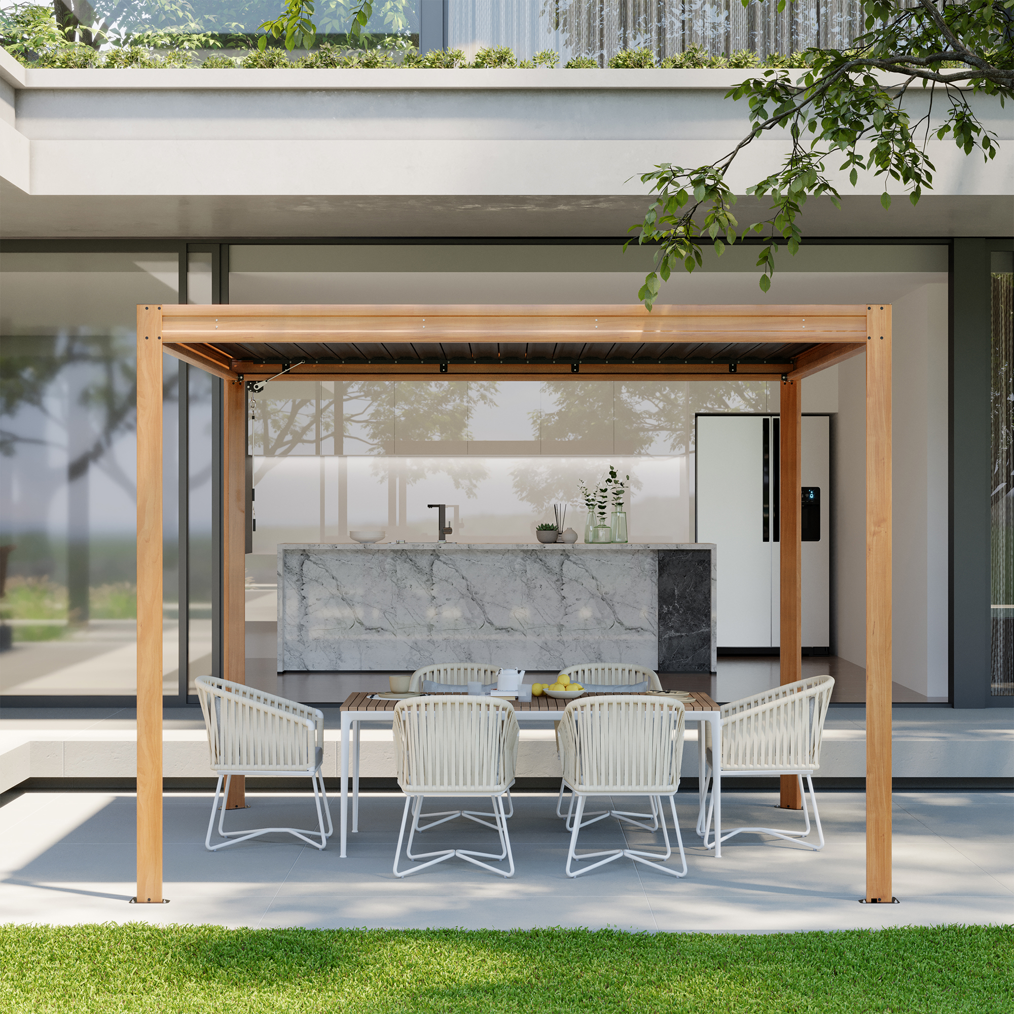 Louvered Pergola 10X10FT, Wood Grain Aluminum Pergola with Adjustable Roof, Wood Looking Aluminum Frame, Efficient Drainage System, Outdoor Pergola for Patio, Deck, Garden