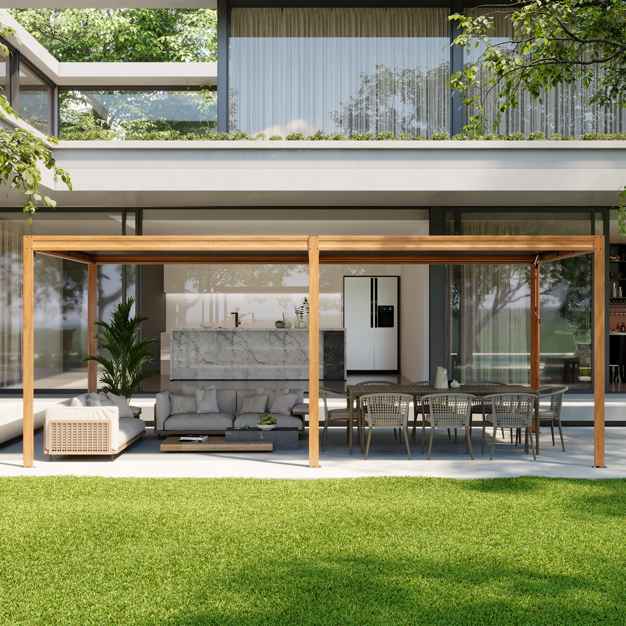 Louvered Pergola 10X20FT, Wood Grain Aluminum Pergola with Adjustable Roof, Wood Looking Aluminum Frame, Efficient Drainage System, Outdoor Pergola for Patio, Deck, Garden