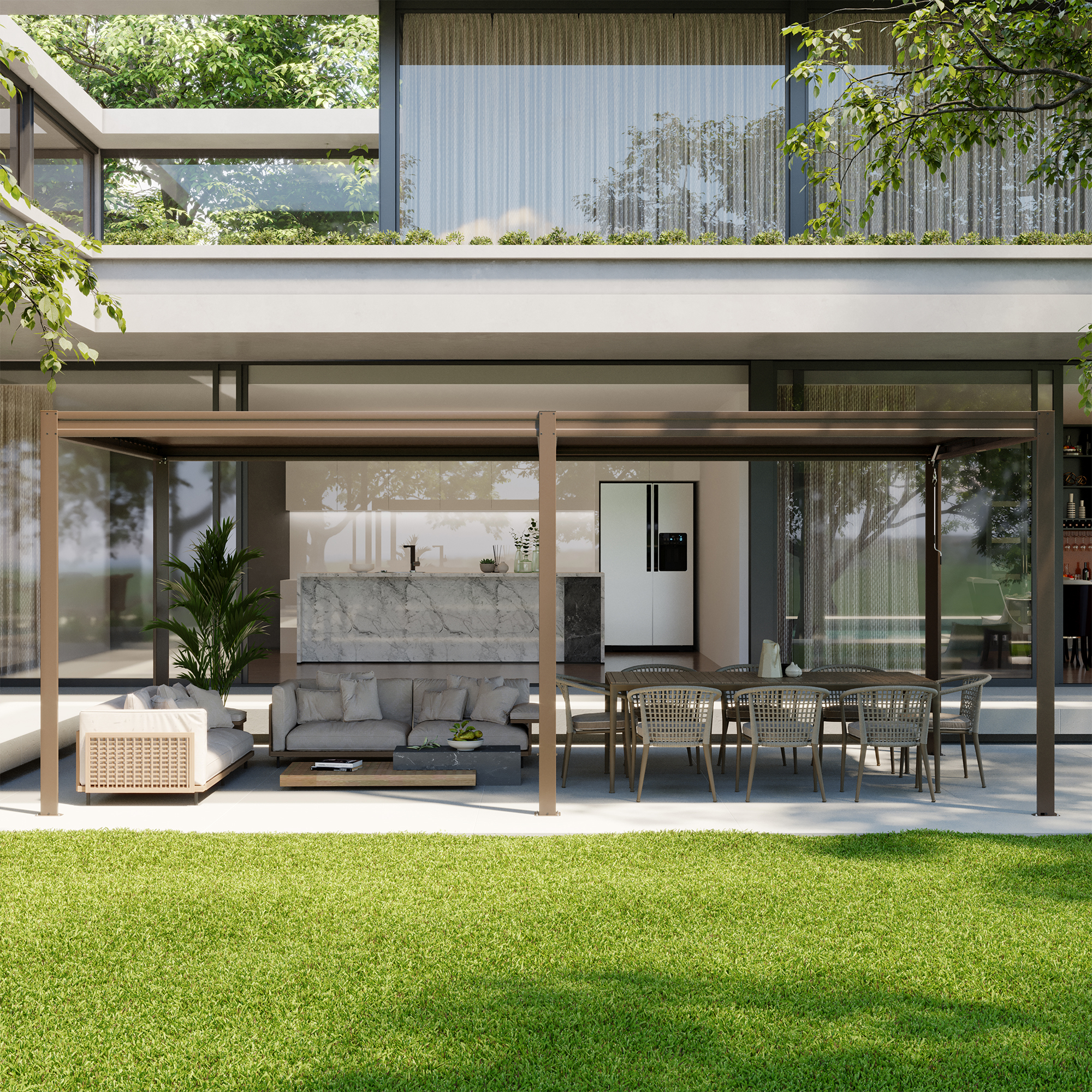 Louvered Pergola 10X20FT, Wood Grain Aluminum Pergola with Adjustable Roof, Wood Looking Aluminum Frame, Efficient Drainage System, Outdoor Pergola for Patio, Deck, Garden