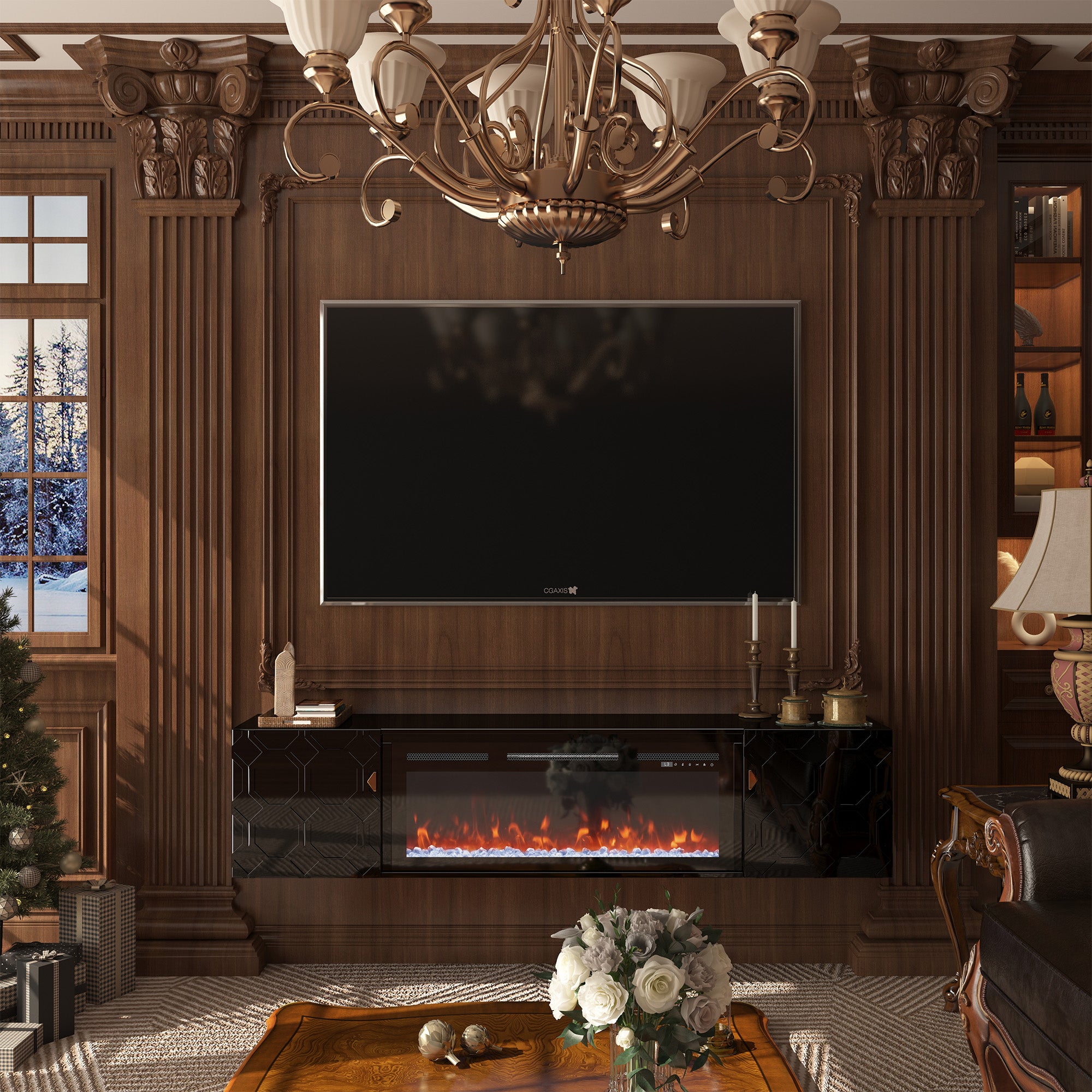 67.32-in W White Fan-forced Electric Fireplace , 5 levels of brightness adjustment, 14 charcoal bed effects