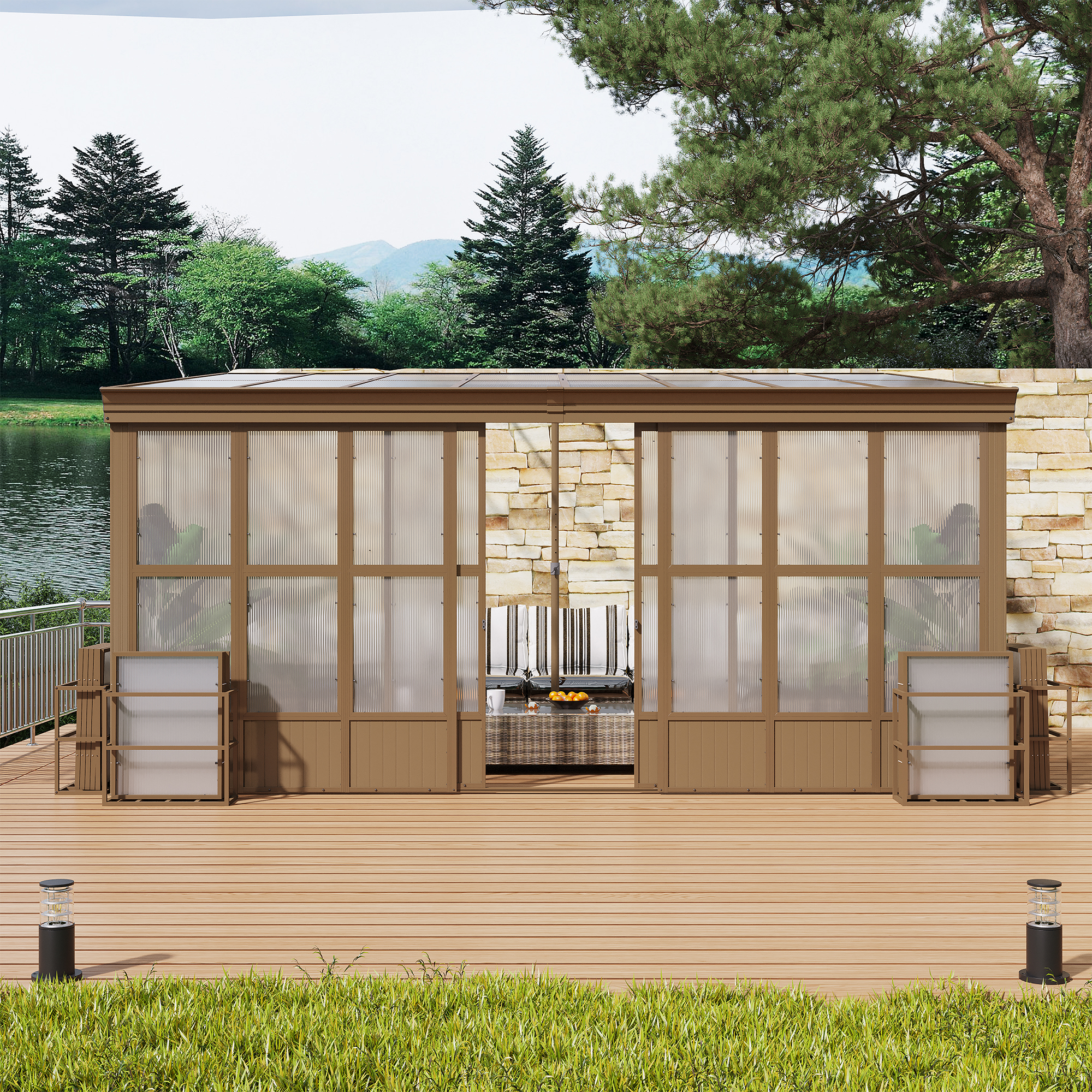 Wall Mounted Solarium with Sloping Polycarbonate Roof, Detachable Polycarbonate Screens, 2 Lockable Sliding Doors, Aluminum Gazebo Against Wall Sun Room for Patio Deck