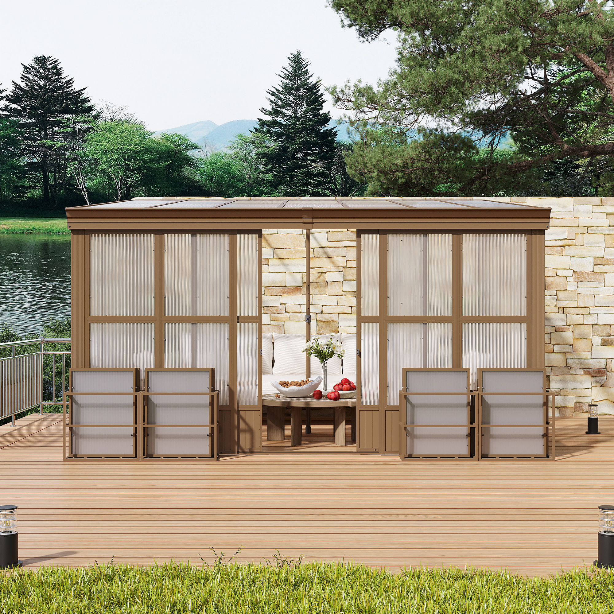 Wall Mounted Solarium with Sloping Polycarbonate Roof, Detachable Polycarbonate Screens, 2 Lockable Sliding Doors, Aluminum Gazebo Against Wall Sun Room for Patio Deck