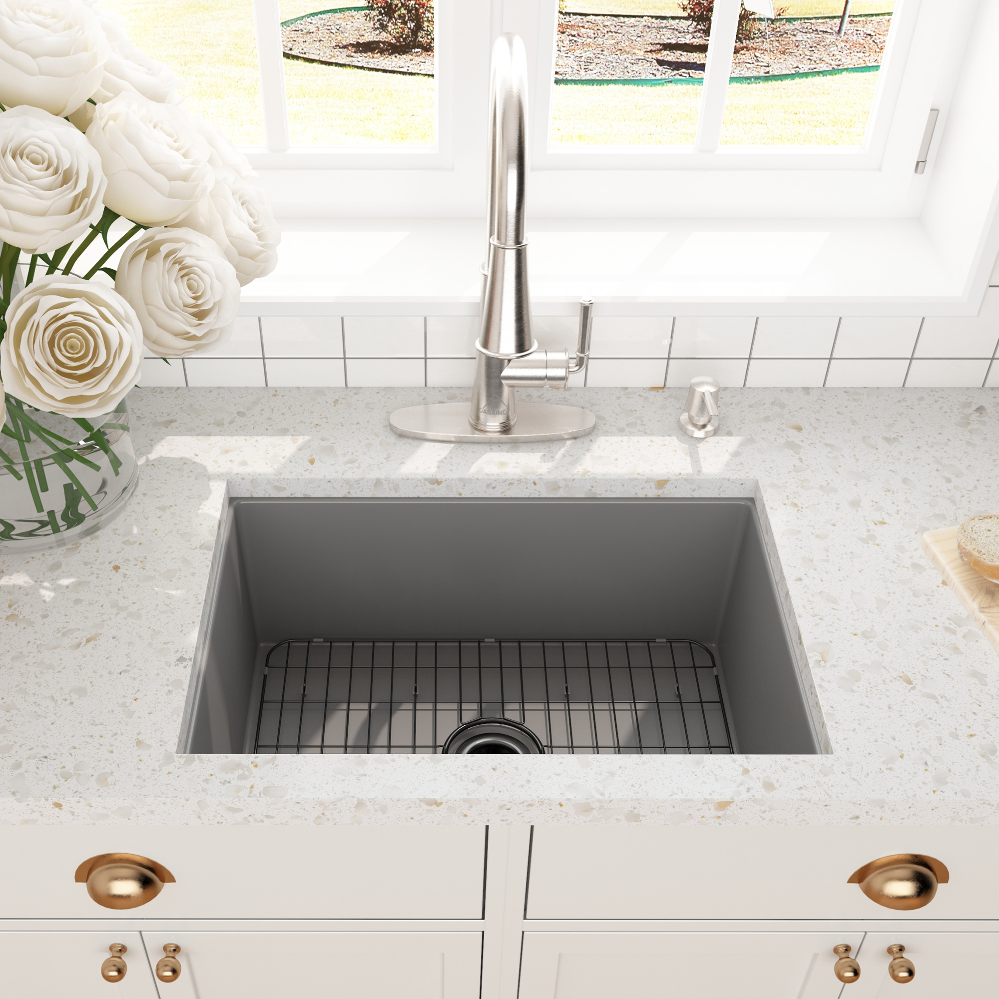 27-Inch Matte Gray ingle Bowl Fireclay Kitchen Sink with Grid and Drainer，Undermount