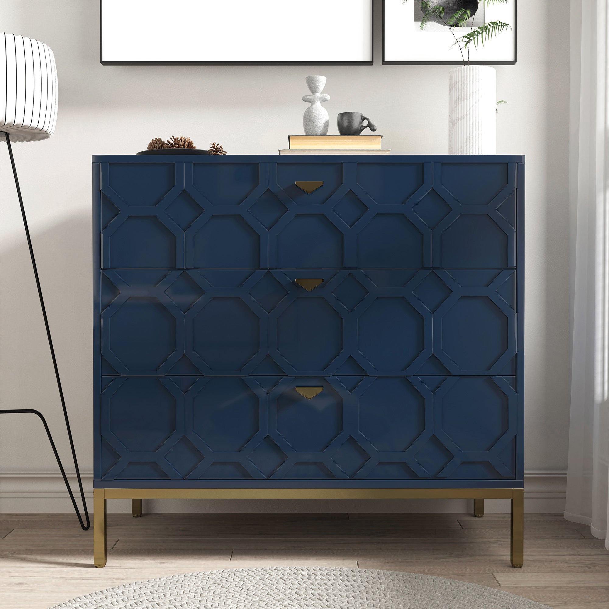 Boyel Living Honeycomb Wooden 3-Drawer Storage Cabinet Table in White