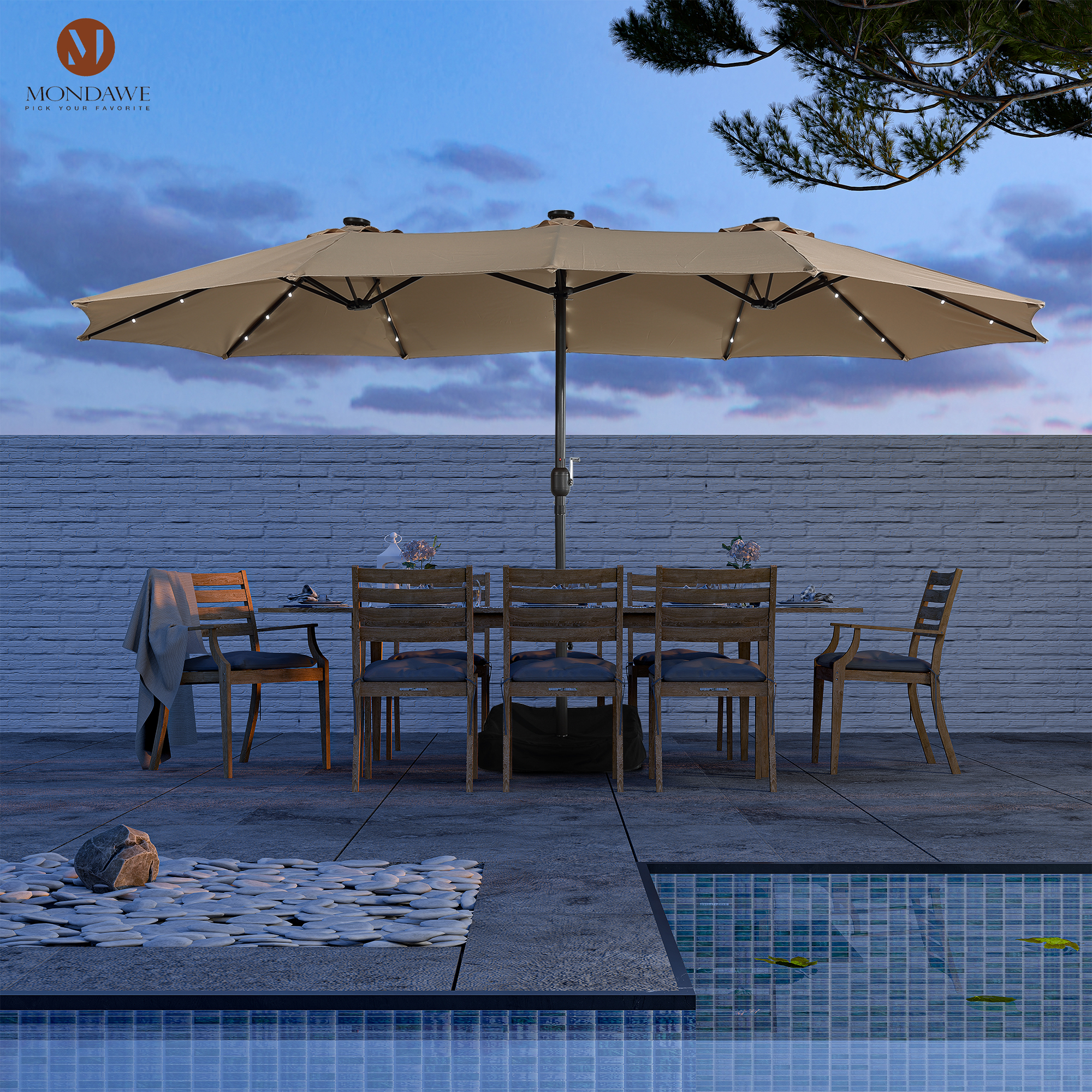 Mondawe 15ft Rectangular Patio Umbrella with Base and LED Lights and C