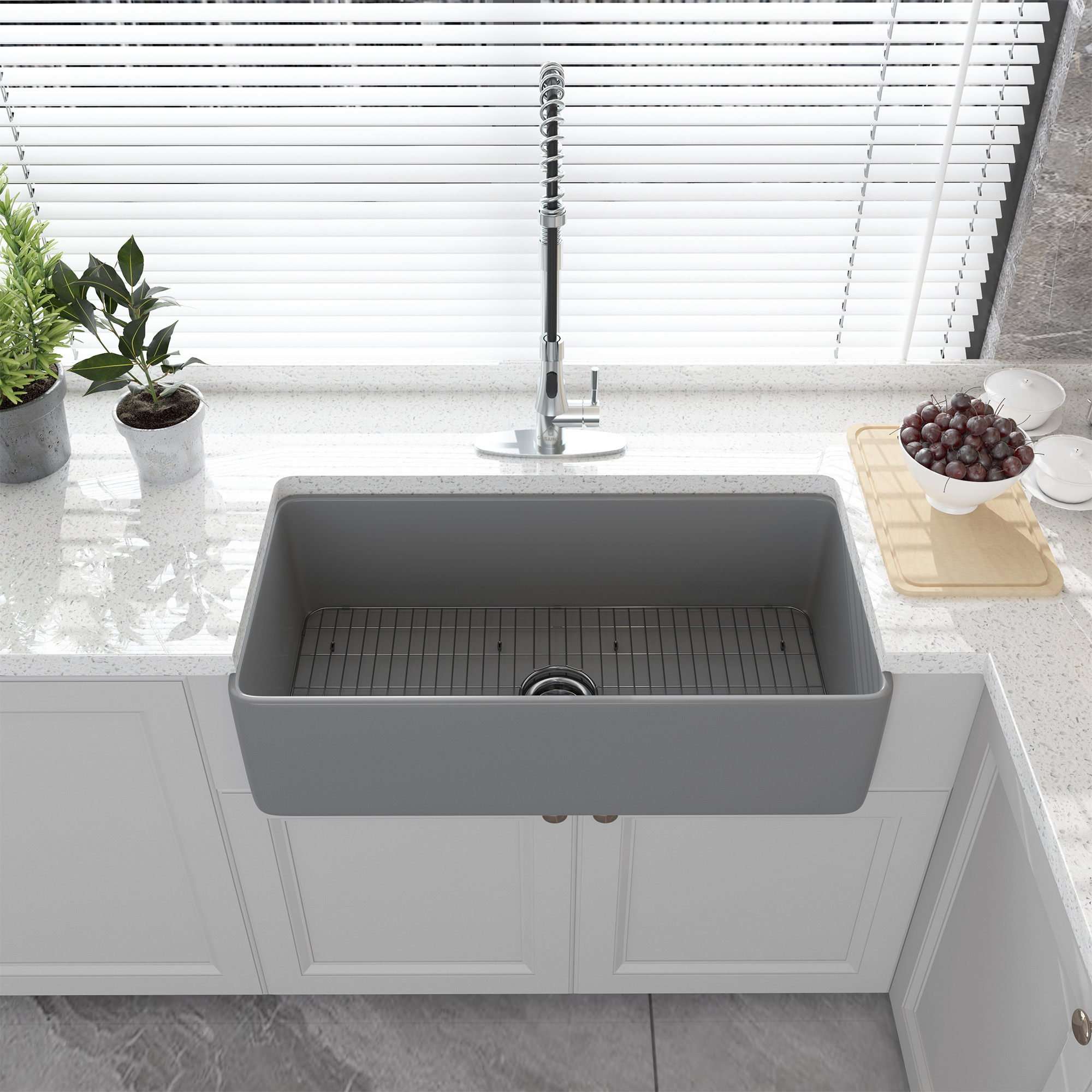 Matte Grey Farmhouse Apron Front Fireclay Single Sink with Grid and Drainer 