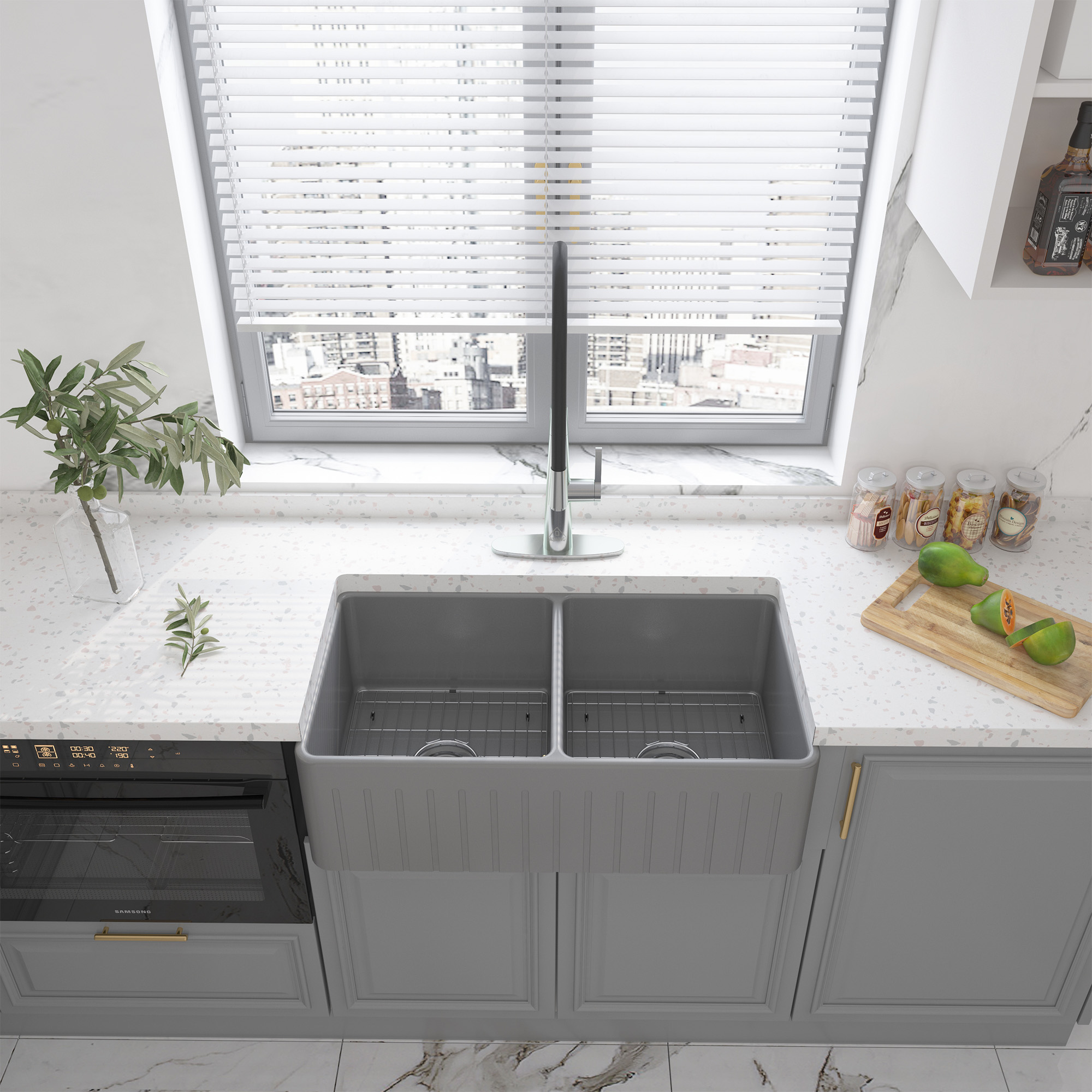 Boyel Living 33 in. Farmhouse/Apron-Front Double Bowl Matte Gray Fine Fireclay Kitchen Sink with Bottom Grid and Strainer Basket