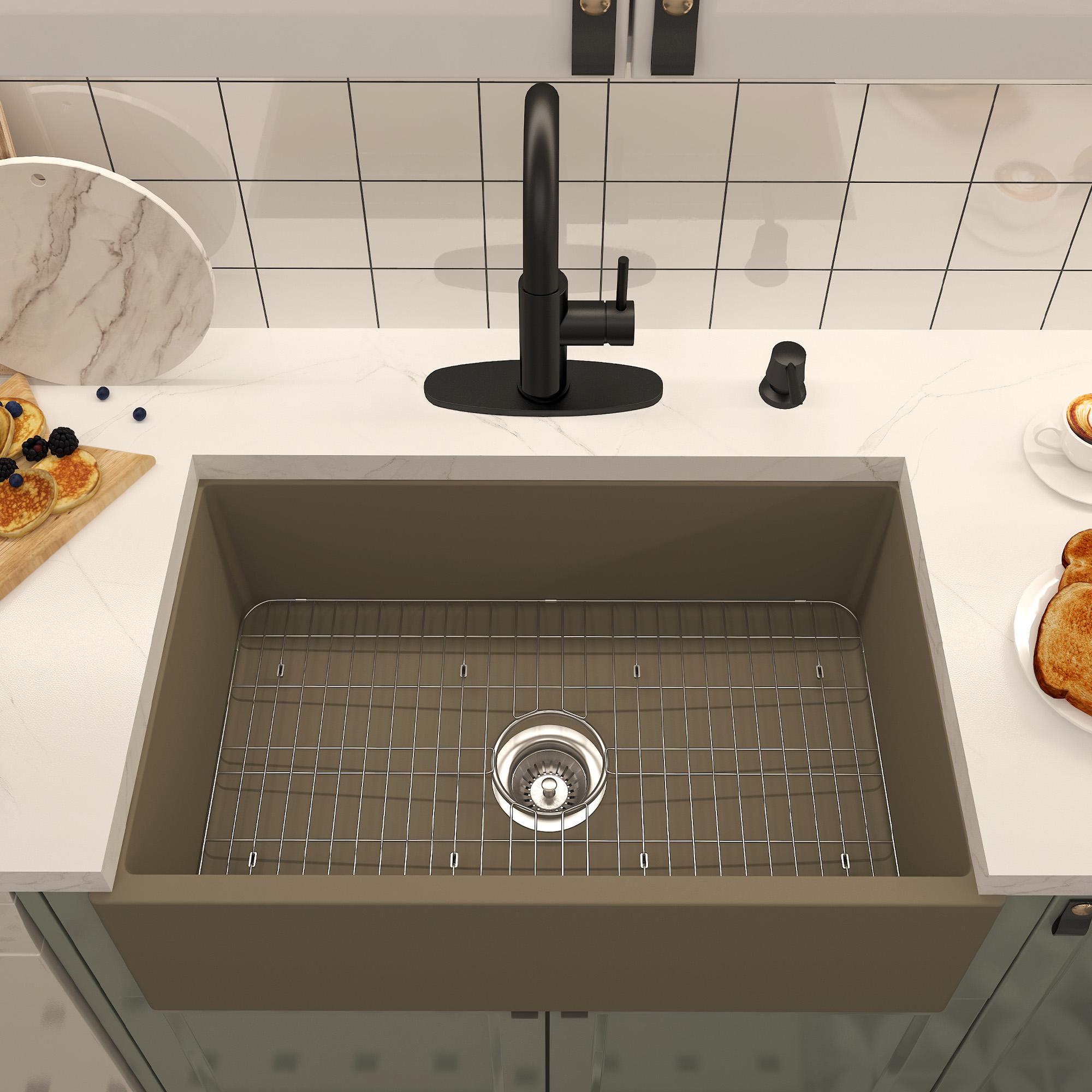 Boyel Living 30 in. Farmhouse/Apron-Front Single Bowl Black Earth S4 Concrete Kitchen Sink with Bottom Grid and Strainer Basket