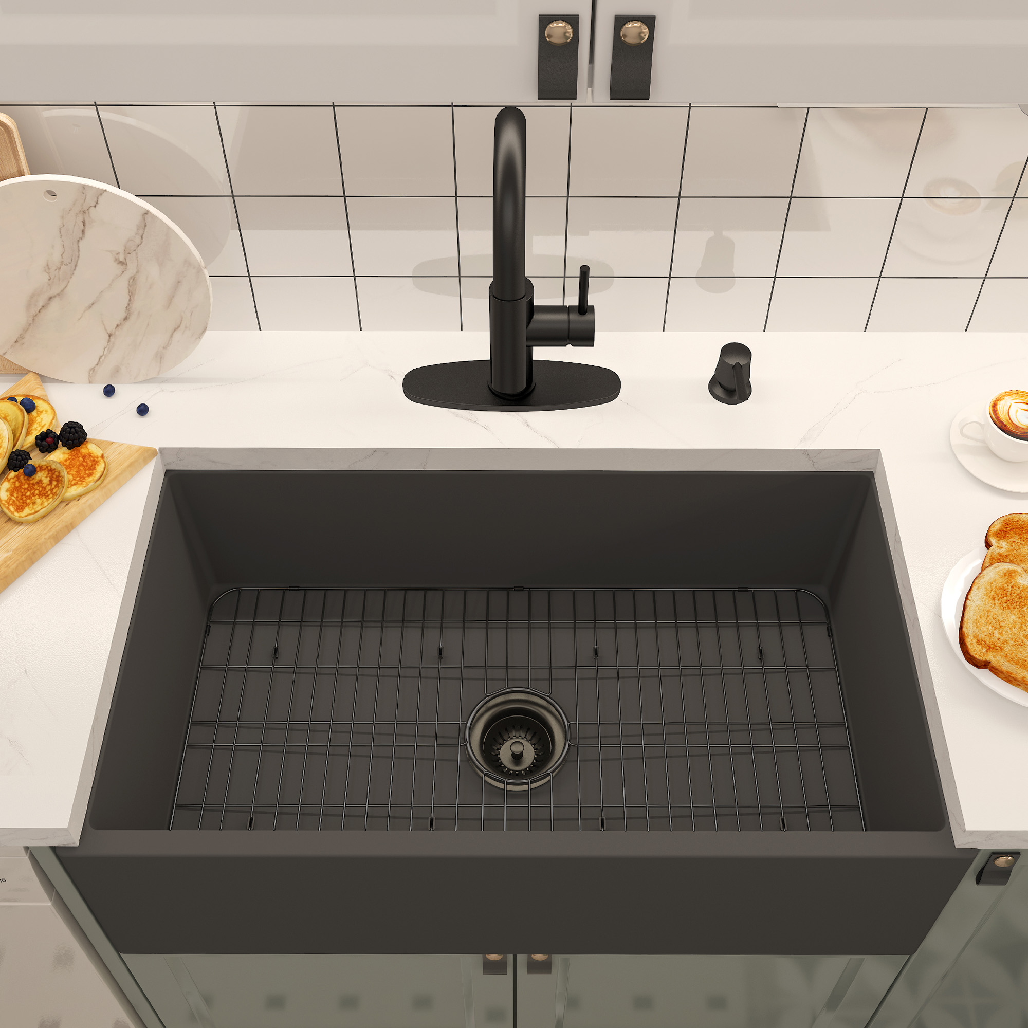 Boyel Living 33 in. Farmhouse/Apron-Front Single Bowl Black Earth S4 Concrete Kitchen Sink with Bottom Grid and Strainer Basket