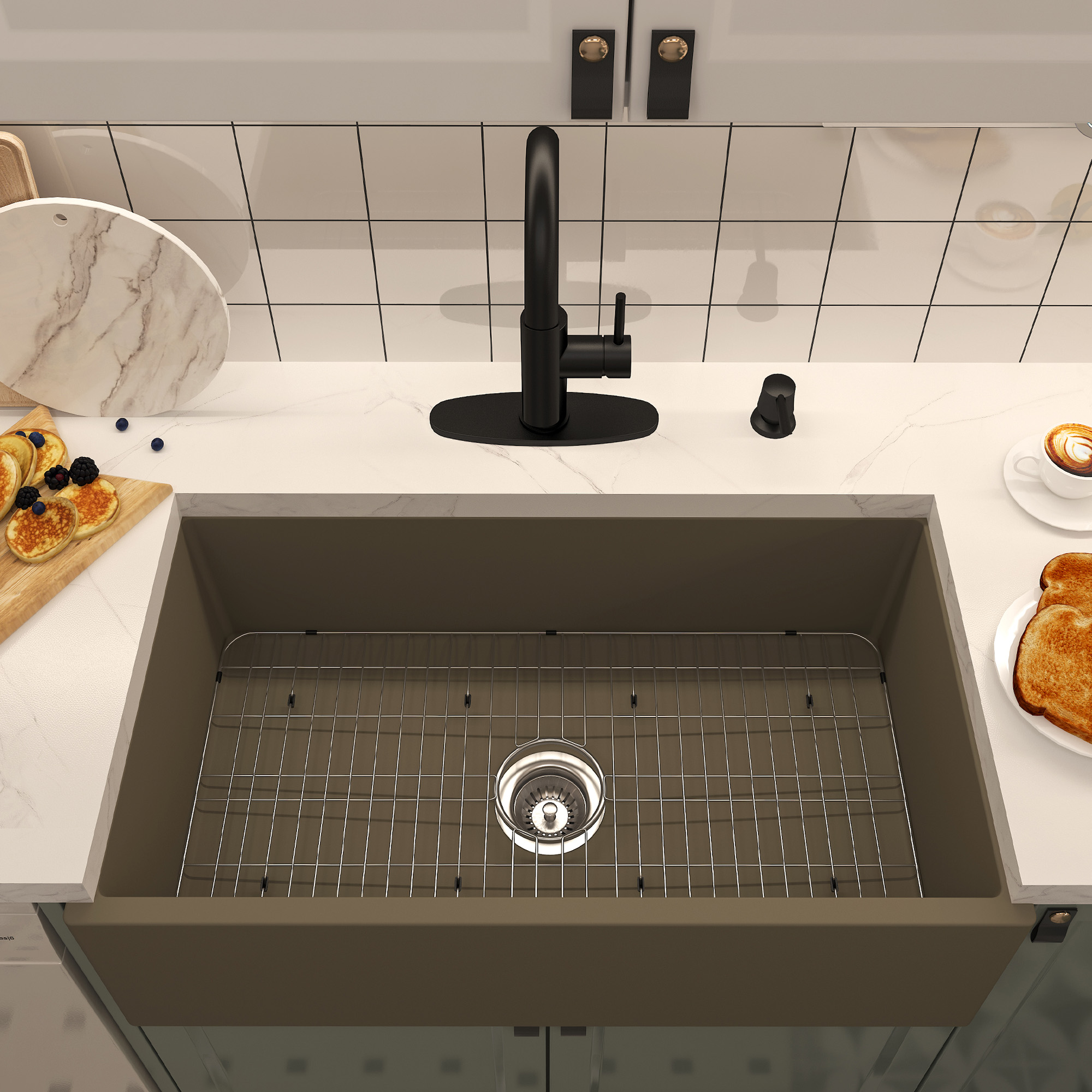 Boyel Living 33 in. Farmhouse/Apron-Front Single Bowl Black Earth S4 Concrete Kitchen Sink with Bottom Grid and Strainer Basket