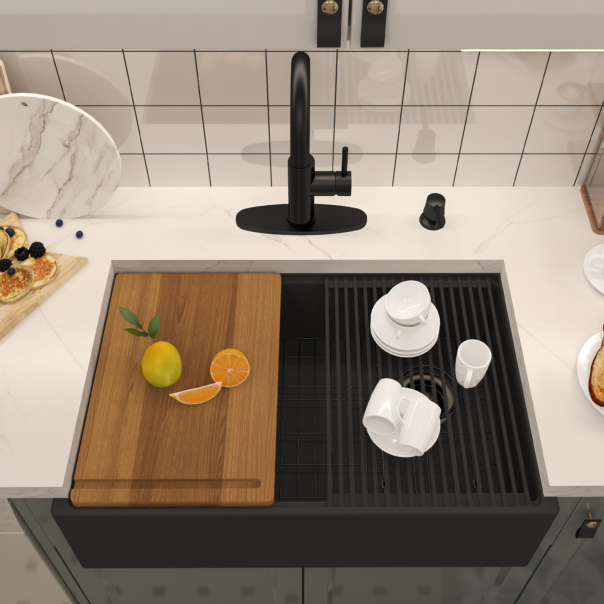 30 in. Farmhouse/Apron-Front Single Bowl Black Earth Concrete Kitchen Sink with Cutting Board, Rolling Drying Rack, Grid