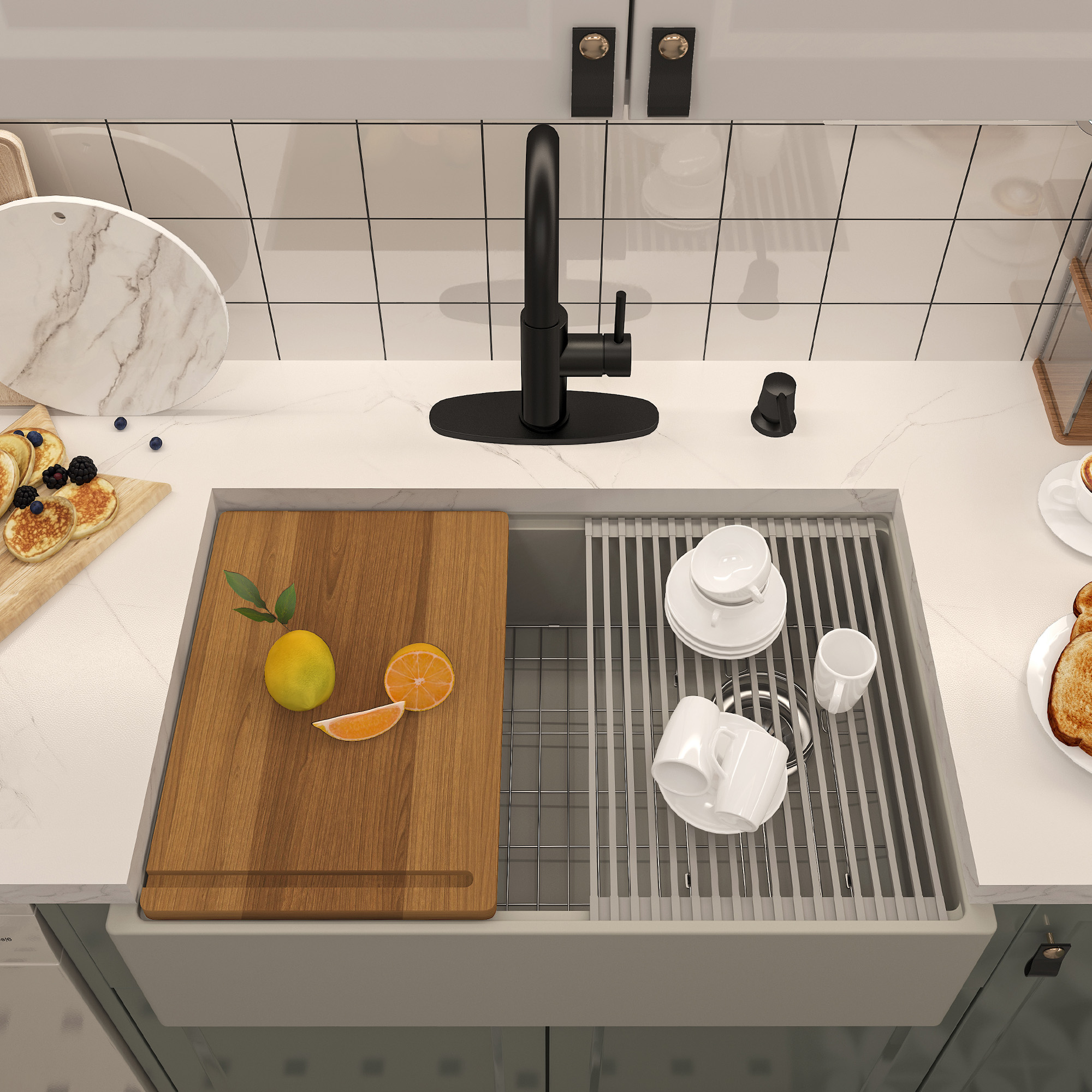 30 in. Farmhouse/Apron-Front Single Bowl Black Earth Concrete Kitchen Sink with Cutting Board, Rolling Drying Rack, Grid