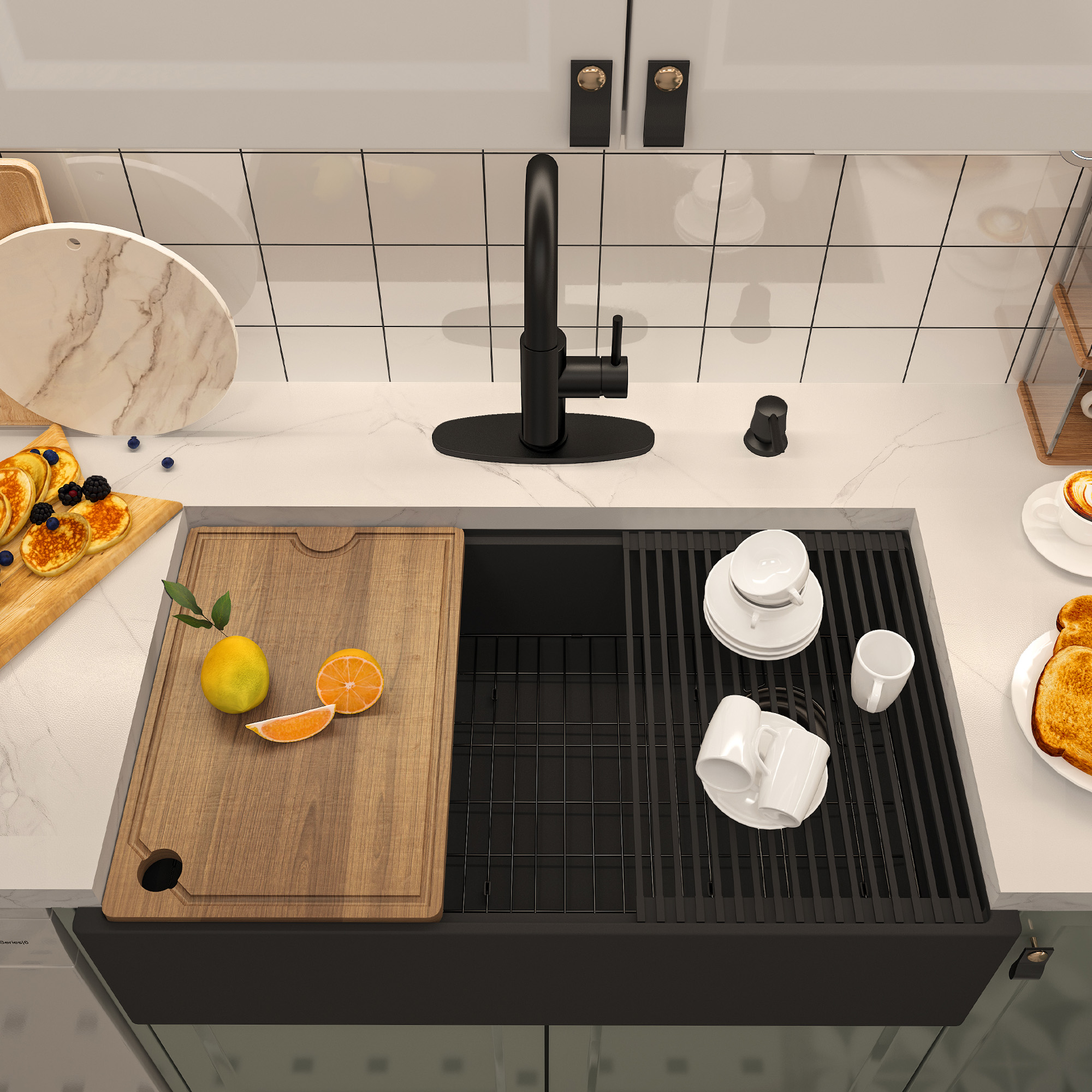 33 in. Farmhouse/Apron-Front Single Bowl Black Earth Concrete Kitchen Sink with Cutting Board, Rolling Drying Rack, Grid