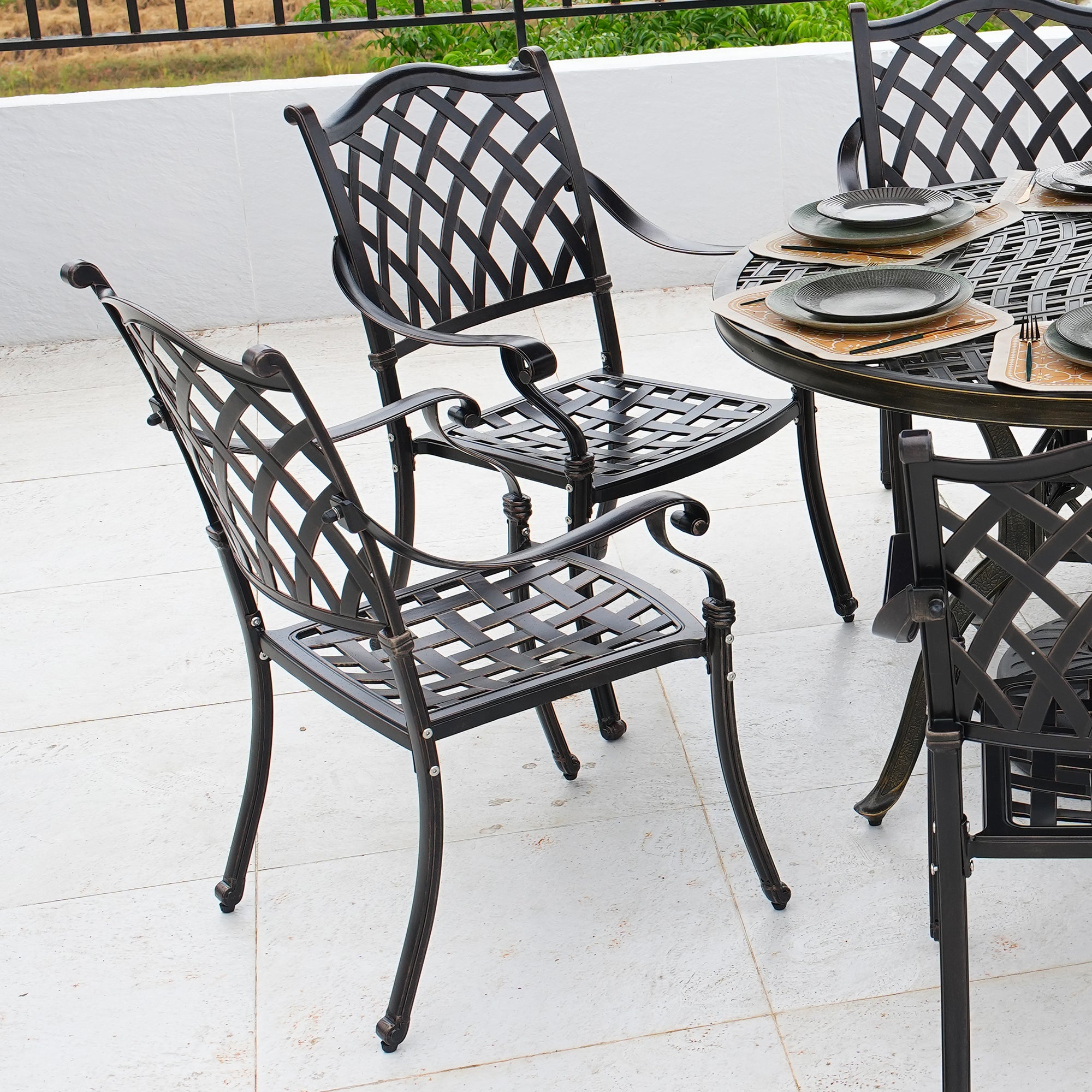 Set of 2 Bronze/White Cast Aluminum Patio Dining Chairs
