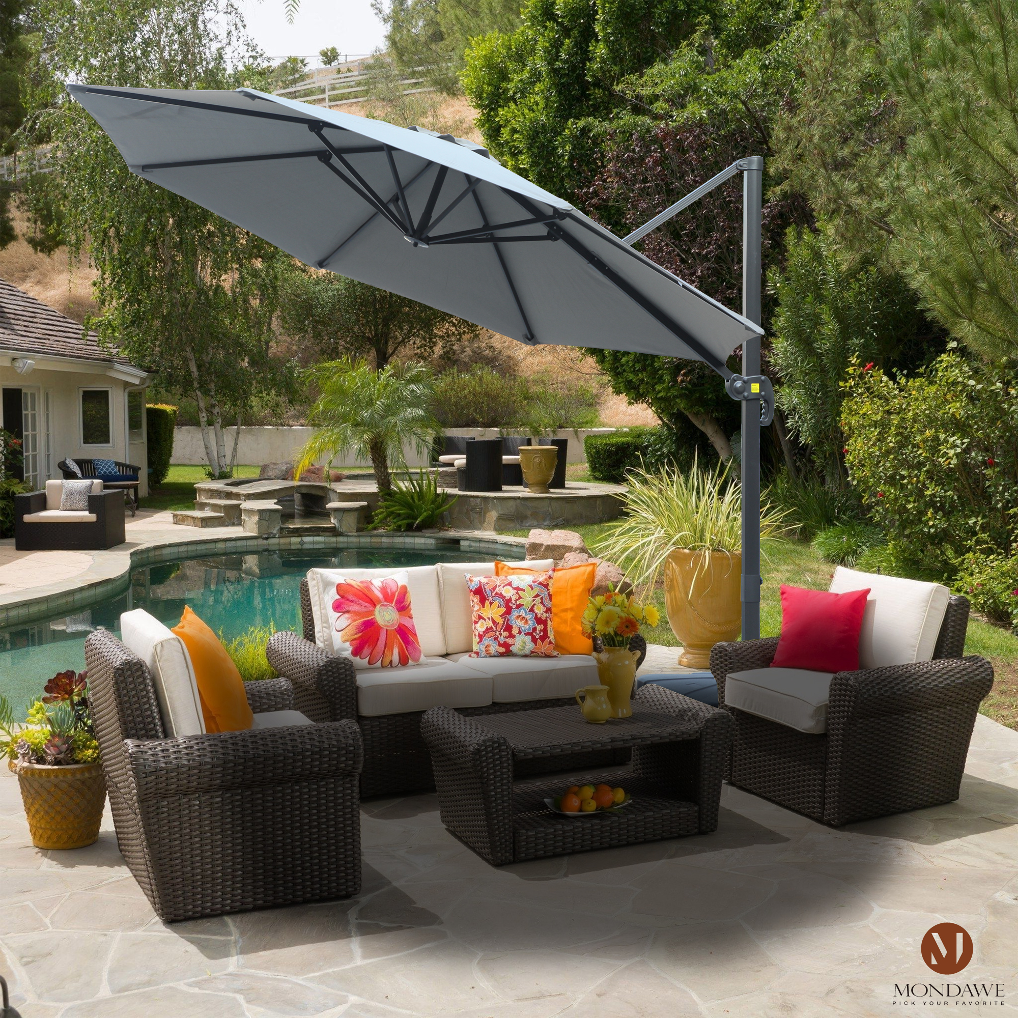 Mondawe 11 ft. Outdoor 360° Rotation Patio Cantilever Umbrella with Base for Garden Balcony-Mondawe