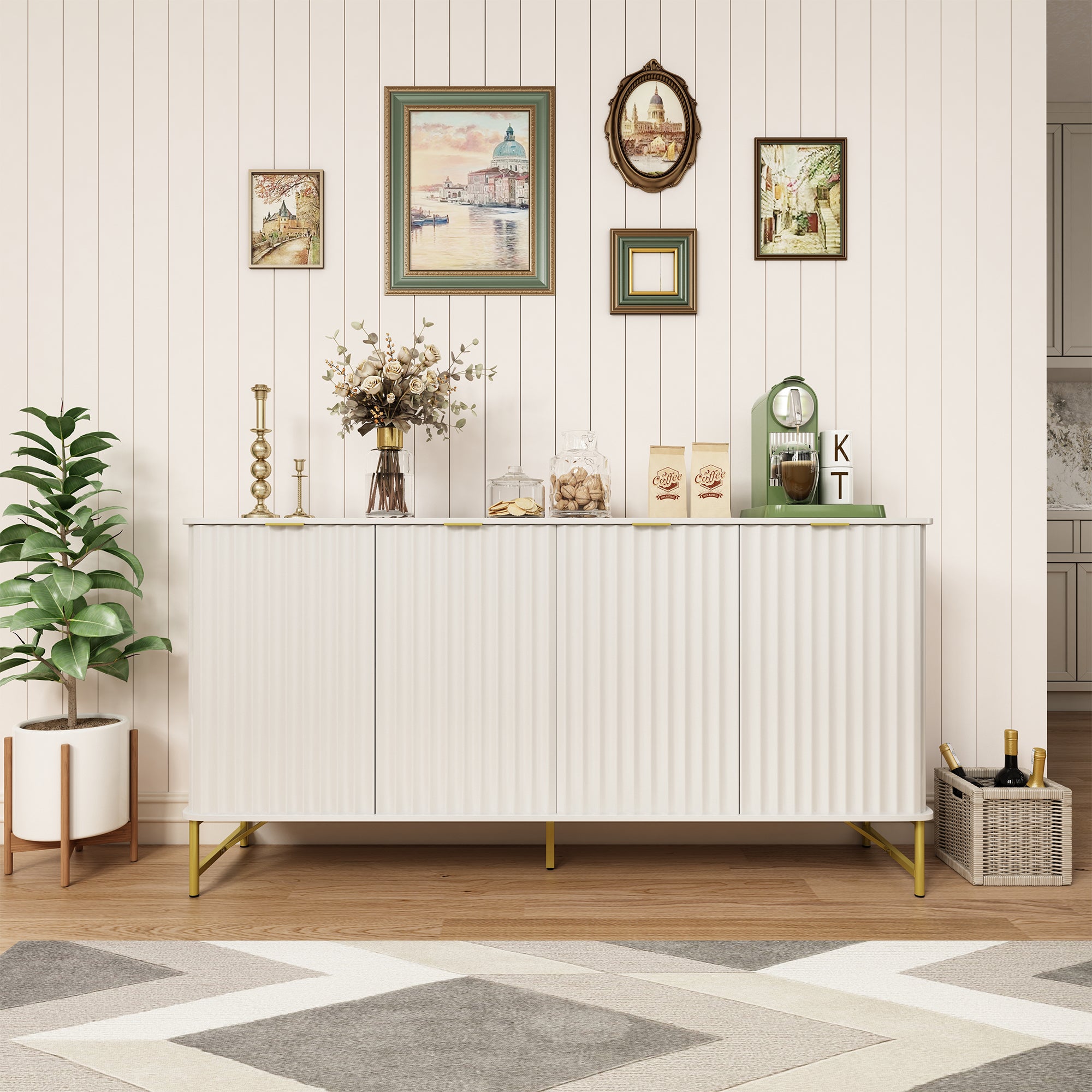 Storage Cabinet with 4 Doors，63 Inch Monden Accent Cabinet，Free-Standing Sideboard with Gold Legs for Hallway, Living Room