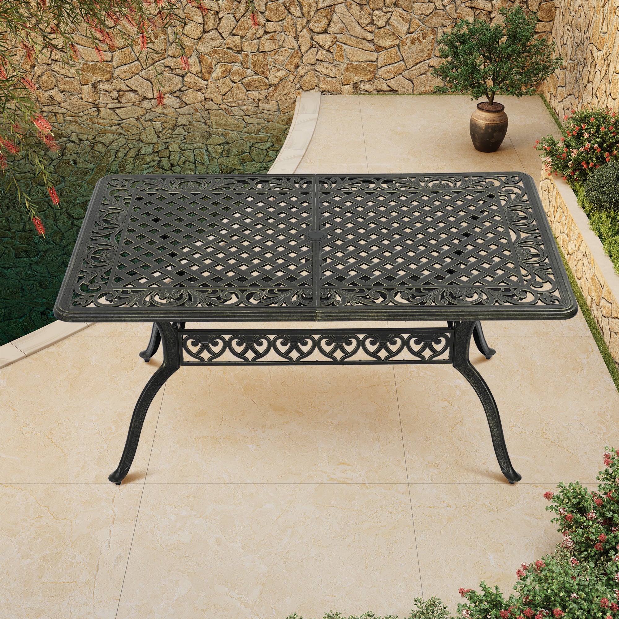 59. in Cast Aluminum Patio Rectangular Dining Table with Umbrella Hole